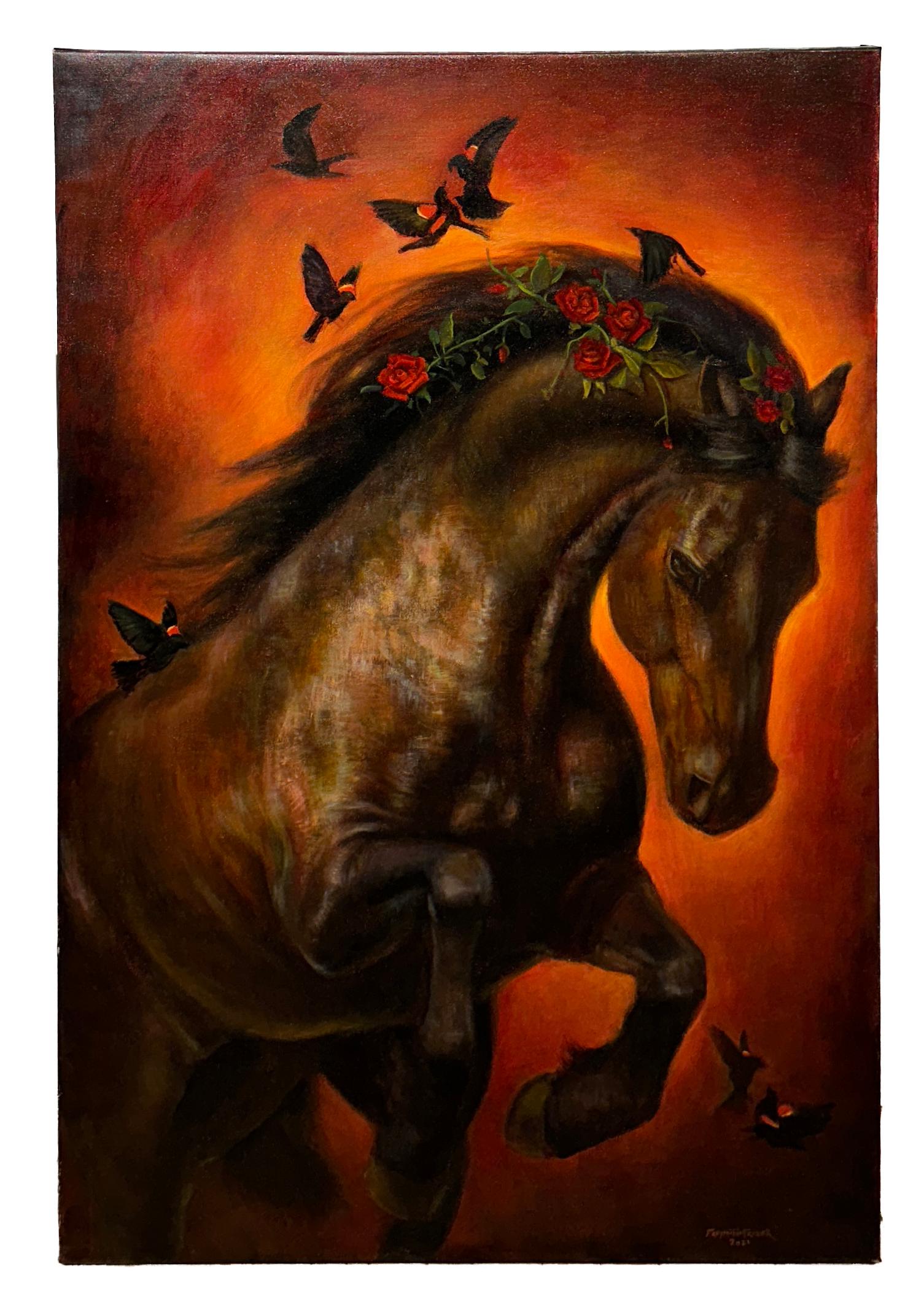 Burning Desire - Sable Mare with Flower & Butterfly Mane & Amber-Rose Background - Contemporary Painting by Rose Freymuth-Frazier