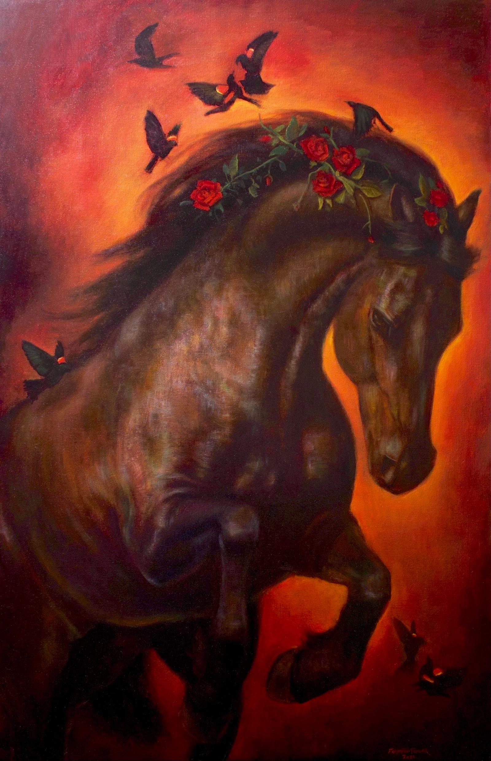Figurative Painting Rose Freymuth-Frazier - Burning Desire - Sable Mare avec fleurs et papillons et fond rose ambré