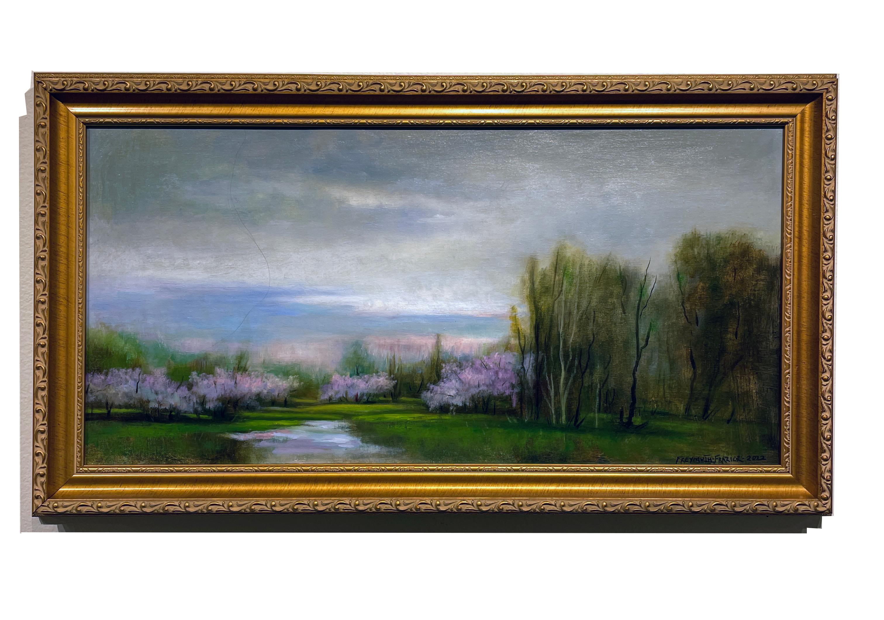 Cloud Cover - Early Spring Landscape with Pastel Flowering Trees, Original Oil  - Painting by Rose Freymuth-Frazier