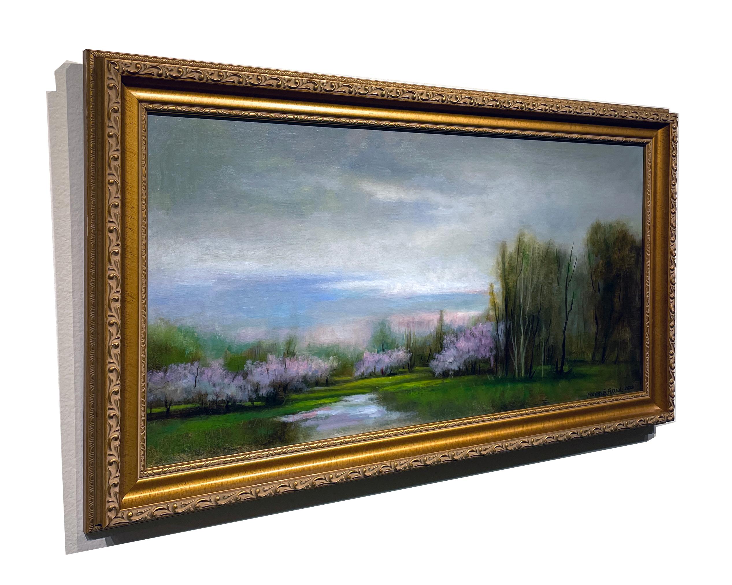 Cloud Cover - Early Spring Landscape with Pastel Flowering Trees, Original Oil  - Contemporary Painting by Rose Freymuth-Frazier