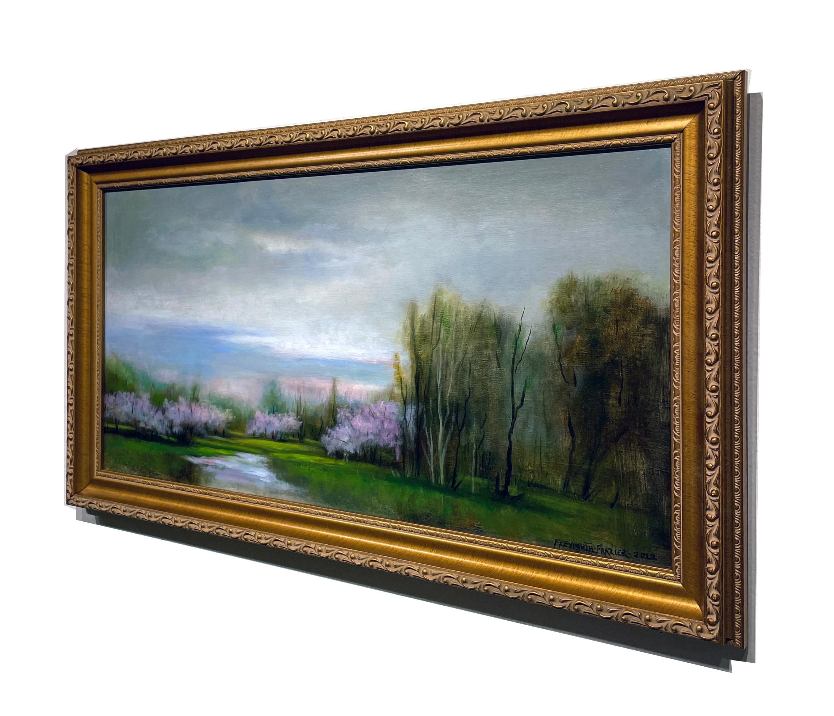 Cloud Cover - Early Spring Landscape with Pastel Flowering Trees, Original Oil  - Gray Landscape Painting by Rose Freymuth-Frazier
