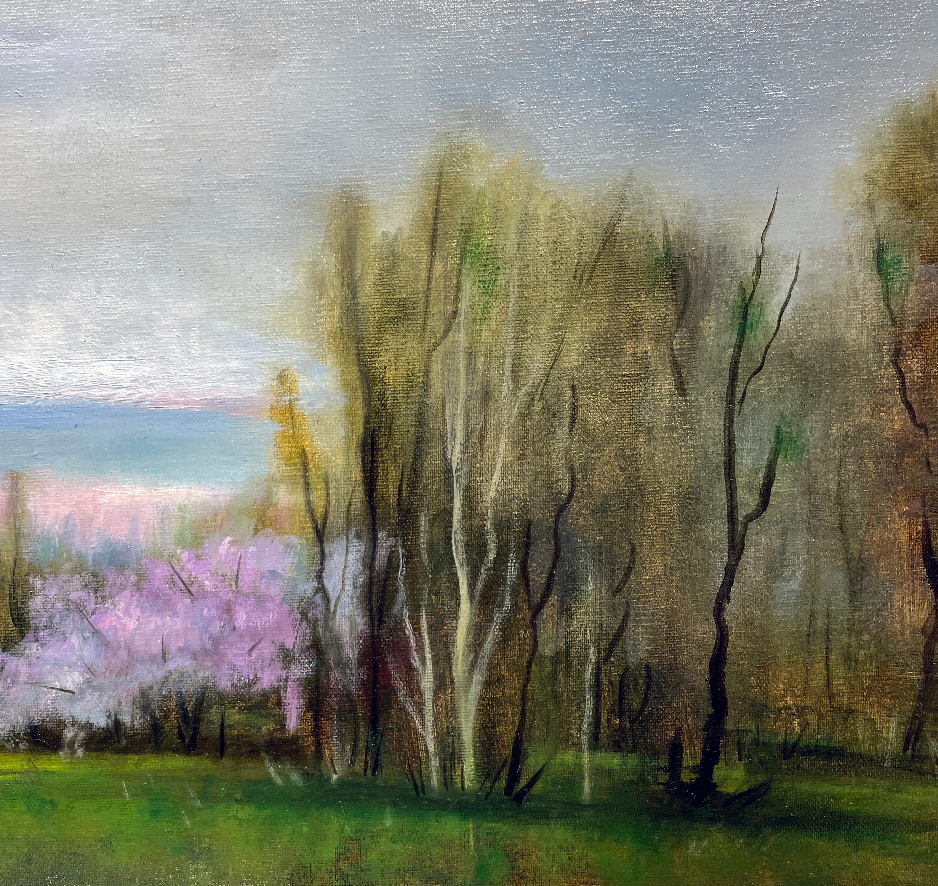 Cloud Cover - Early Spring Landscape with Pastel Flowering Trees, Original Oil  1