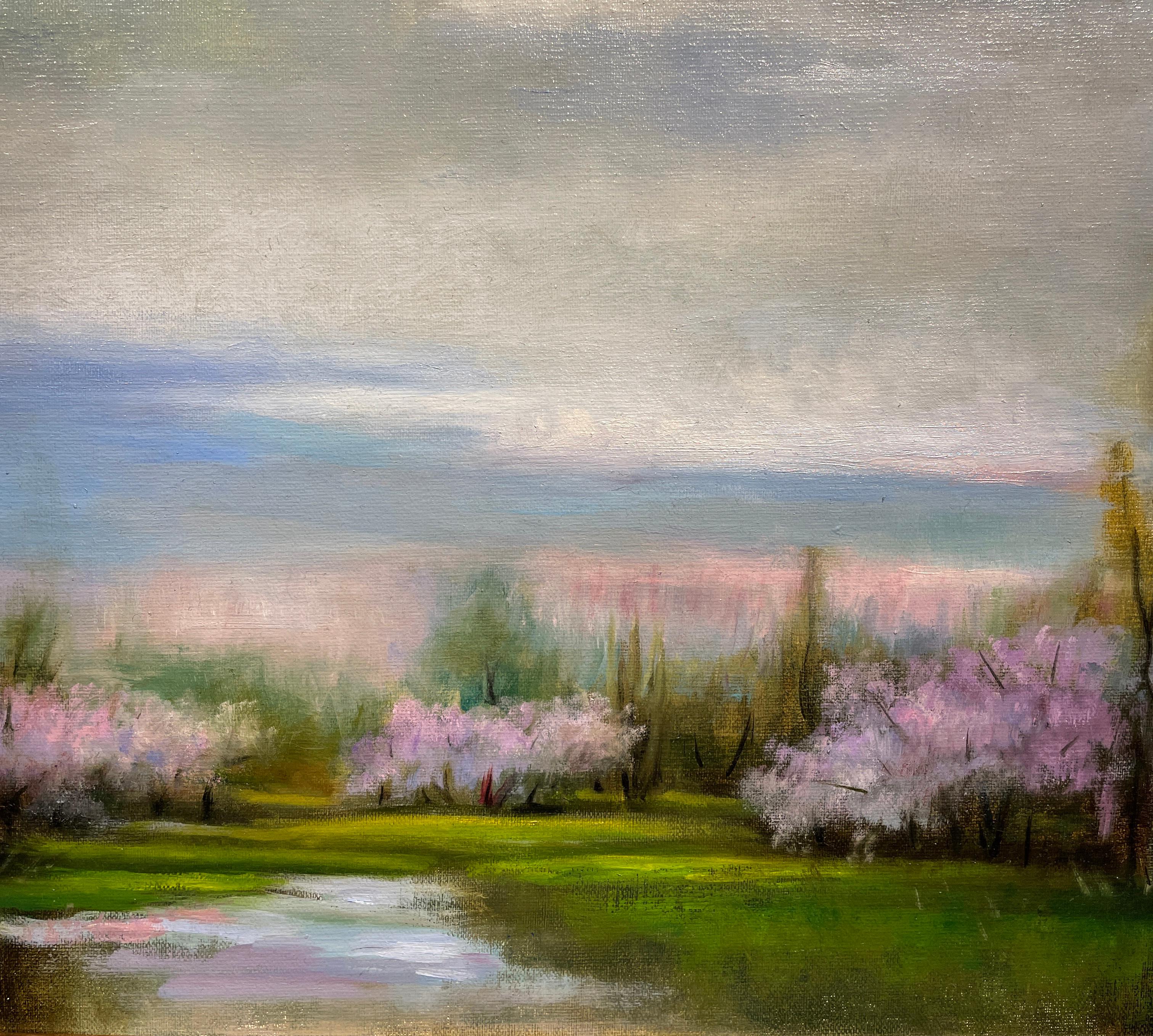 Cloud Cover - Early Spring Landscape with Pastel Flowering Trees, Original Oil  2