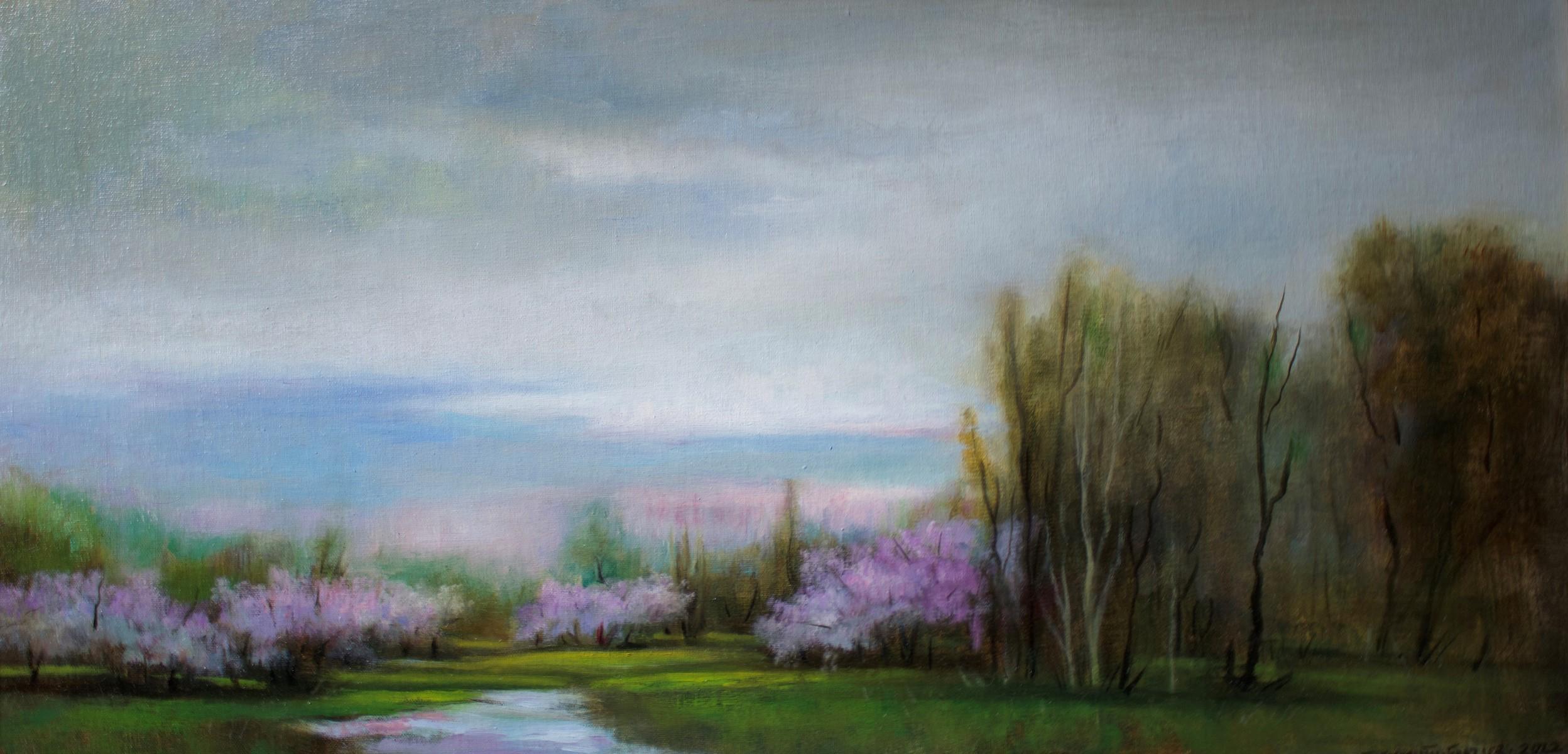 Rose Freymuth-Frazier Landscape Painting - Cloud Cover - Early Spring Landscape with Pastel Flowering Trees, Original Oil 