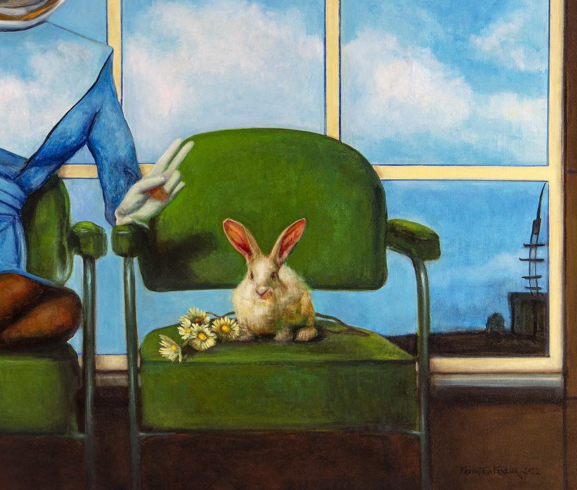 Come In Peace - Futuristic Woman in Space Suit Seated Next to a Bunny - Painting by Rose Freymuth-Frazier