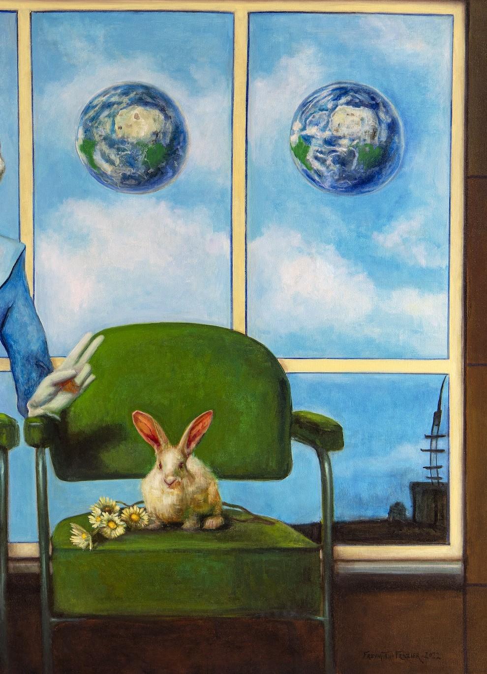 Come In Peace - Futuristic Woman in Space Suit Seated Next to a Bunny - Contemporary Painting by Rose Freymuth-Frazier