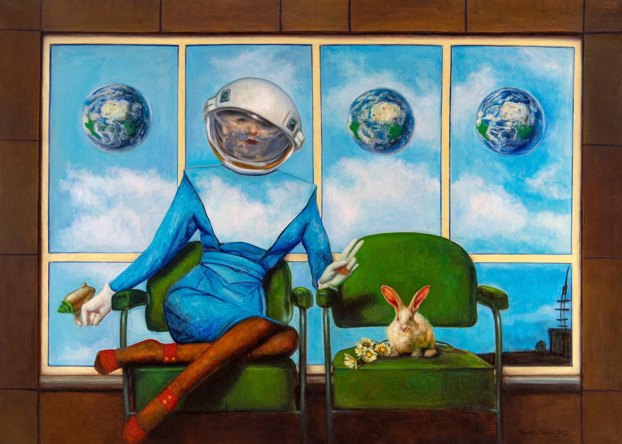 Rose Freymuth-Frazier Figurative Painting - Come In Peace - Futuristic Woman in Space Suit Seated Next to a Bunny