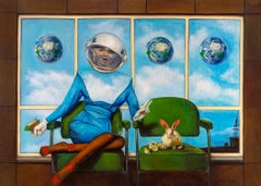 Come In Peace - Futuristic Woman in Space Suit Seated Next to a Bunny