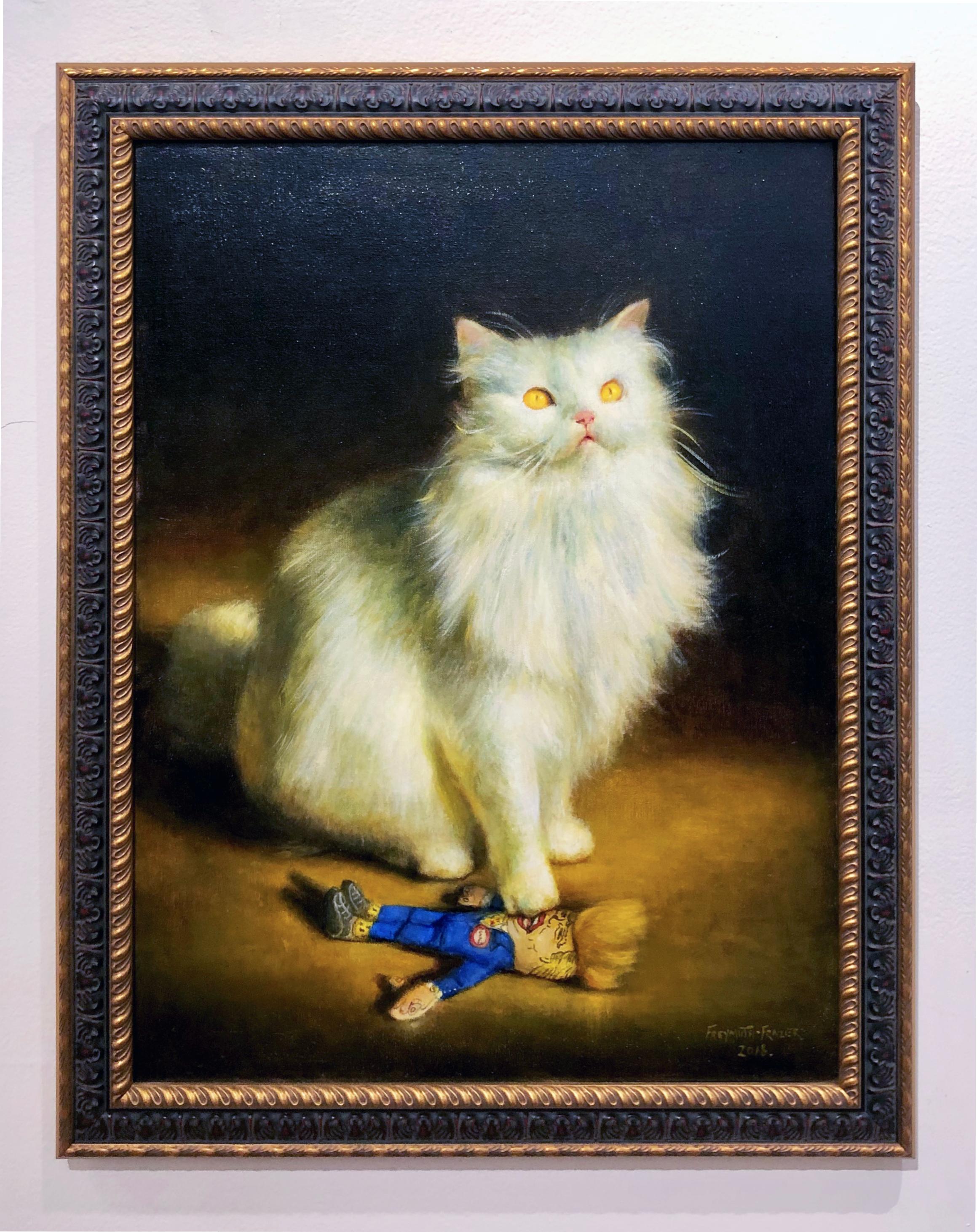 Divine intervention, chat persan blanc debout sur une poupée Trump, peinture à l'huile - Painting de Rose Freymuth-Frazier