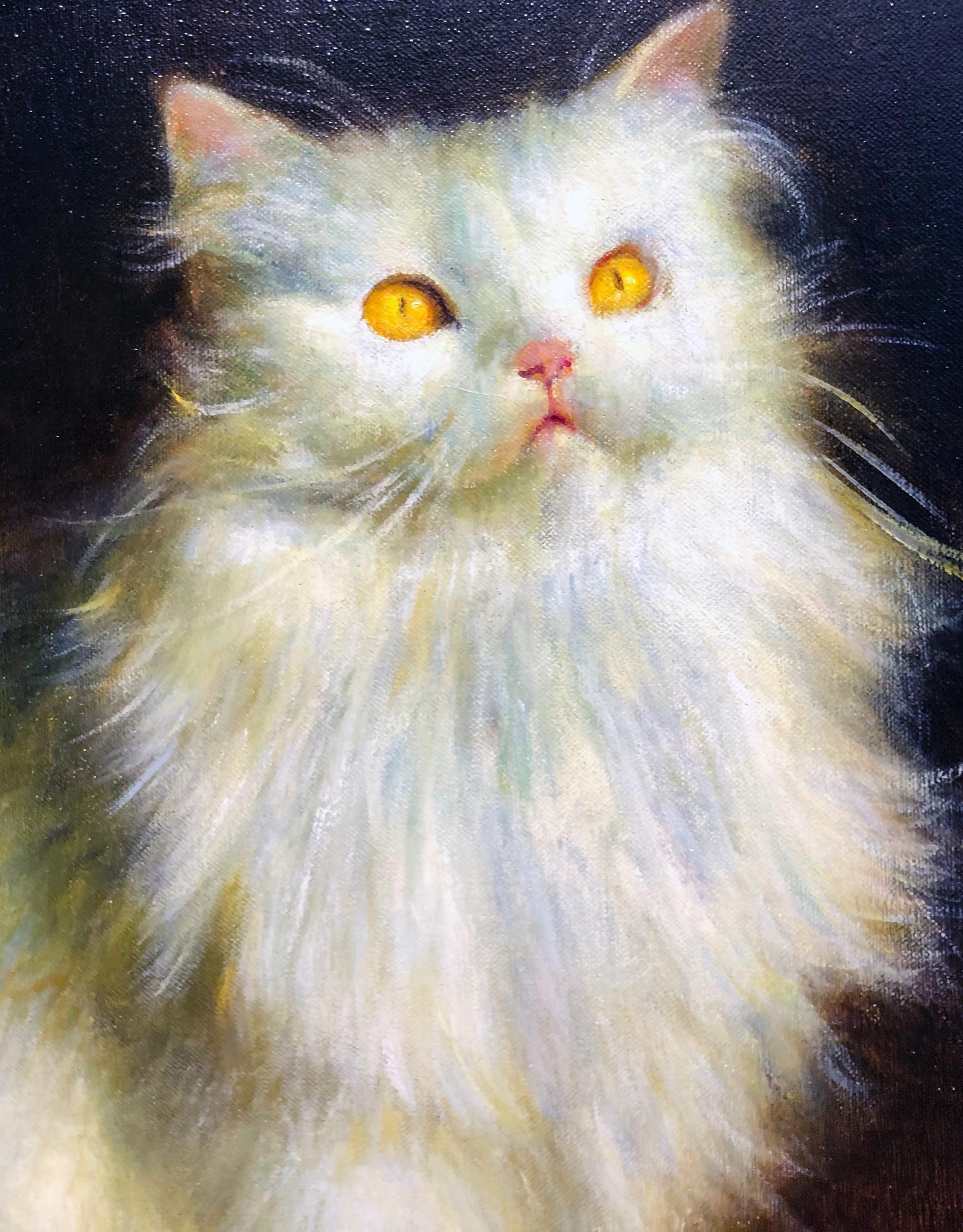 Divine intervention, chat persan blanc debout sur une poupée Trump, peinture à l'huile - Contemporain Painting par Rose Freymuth-Frazier