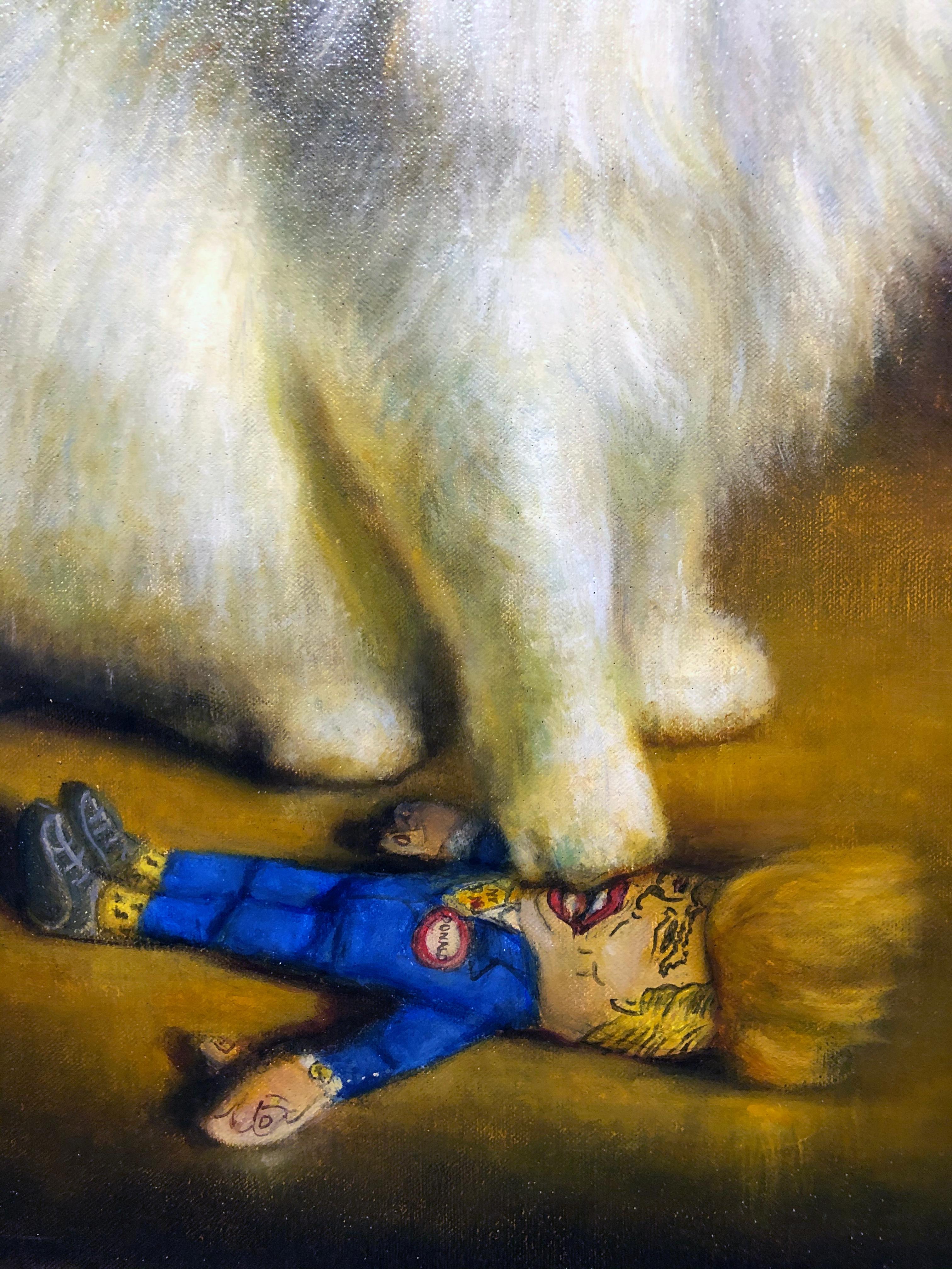 Divine intervention, chat persan blanc debout sur une poupée Trump, peinture à l'huile - Noir Animal Painting par Rose Freymuth-Frazier
