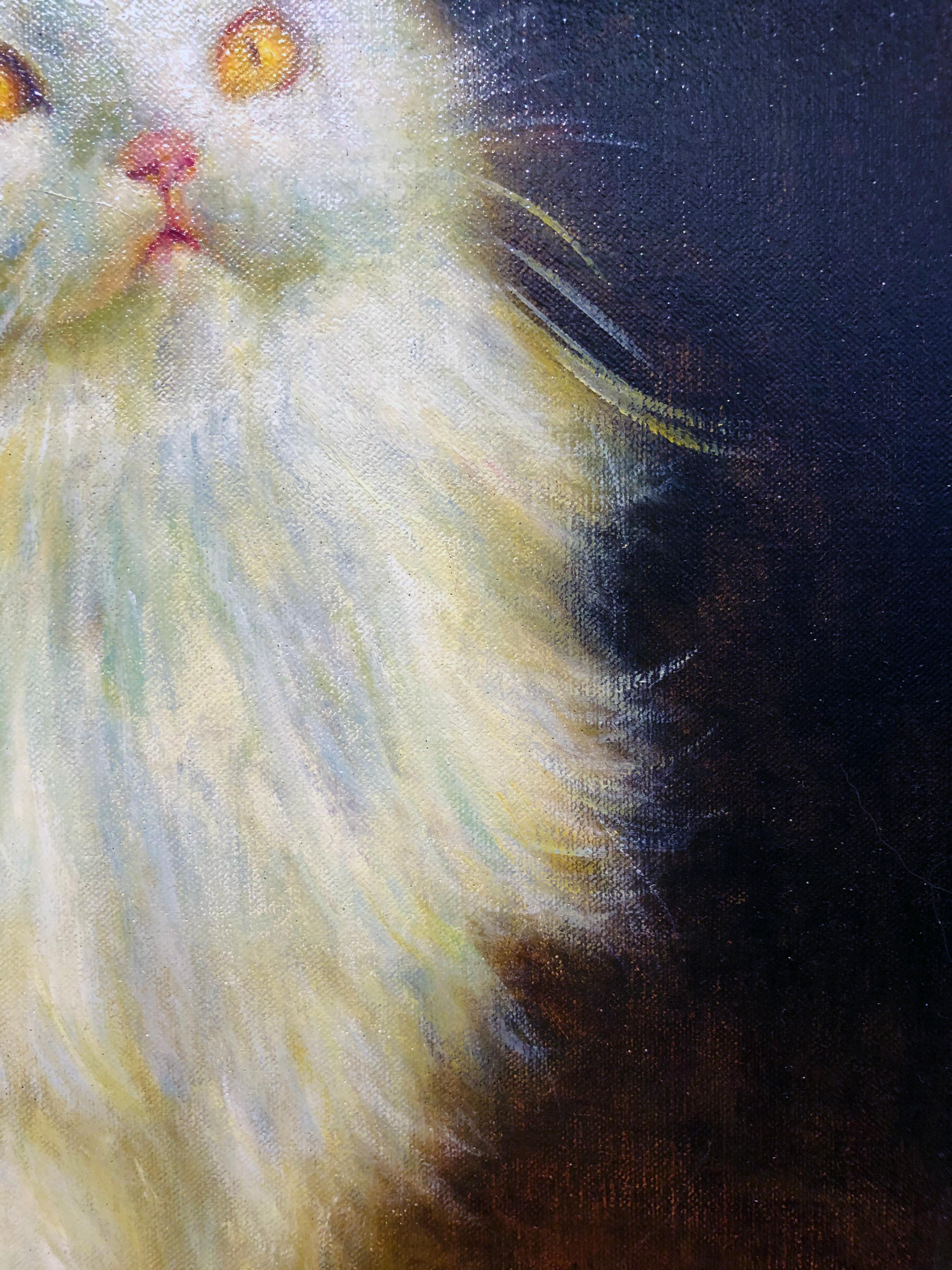 Divine Intervention, White Persian Cat Standing on a Trump Doll, Oil Painting For Sale 1