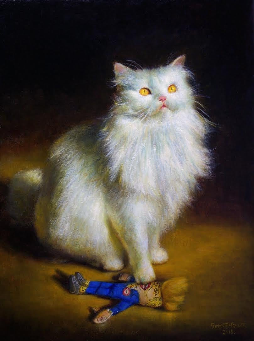 Divine Intervention, White Persian Cat Standing on a Trump Doll, Oil Painting