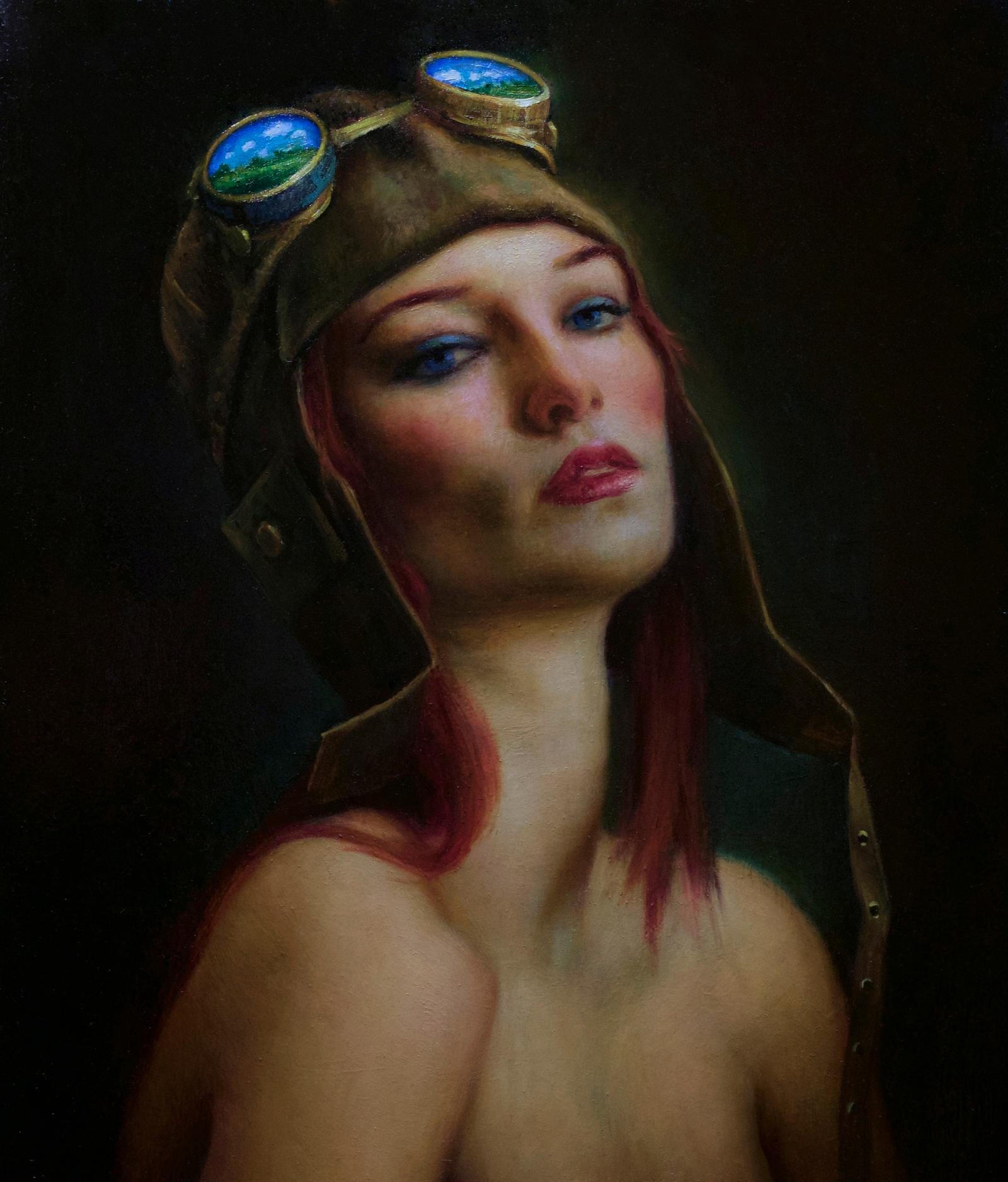Rose Freymuth-Frazier Figurative Painting - Flying Dreams - Original Oil Painting of Woman with Red Hair and Flying Goggles
