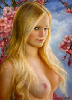 "Girl with Blossoms, " Oil Painting