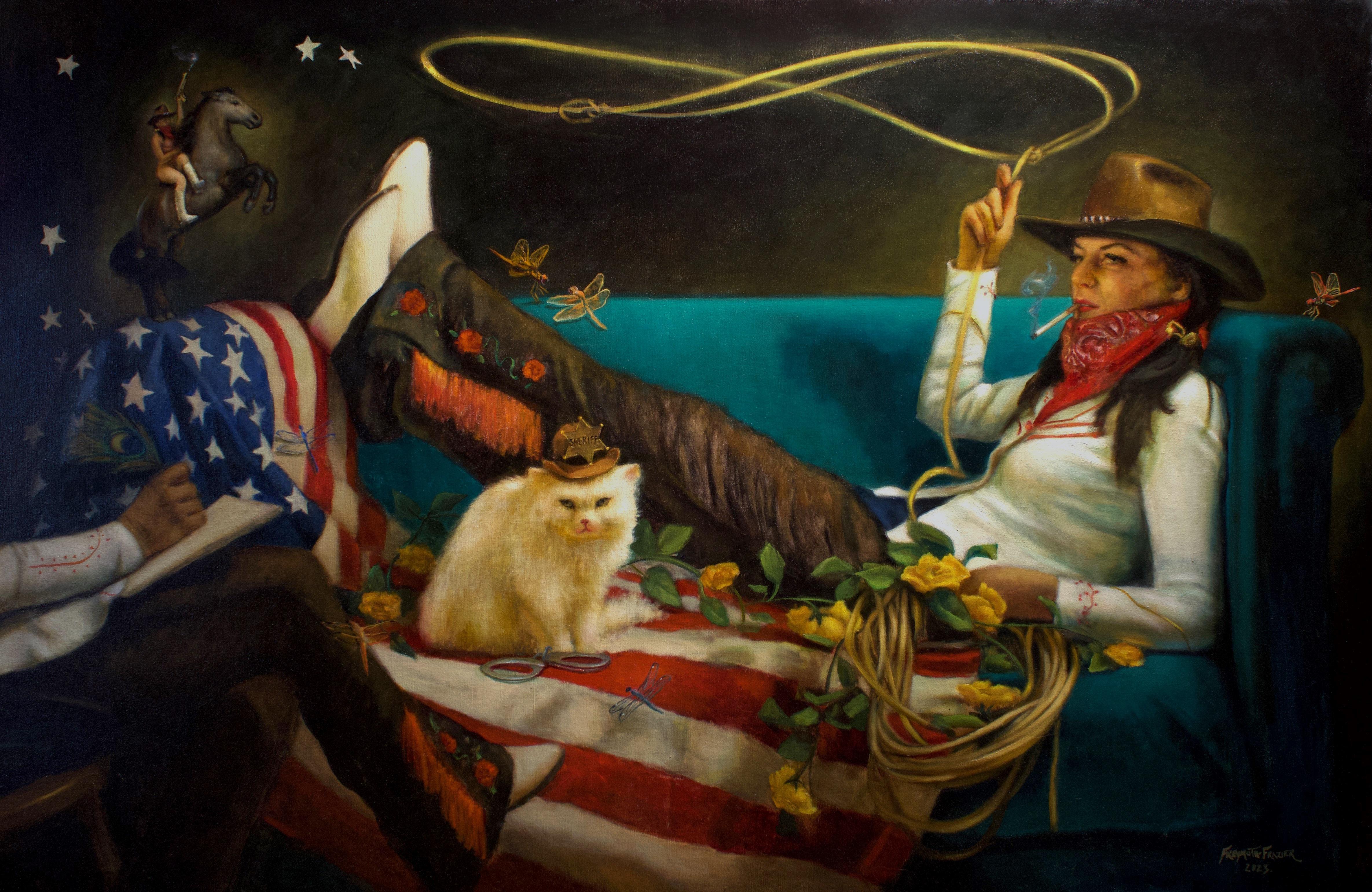 Animal Painting di Rose Freymuth-Frazier - Gone Wild,  Woman Lounging on Teal Couch with Persian Cat, Original Oil Painting