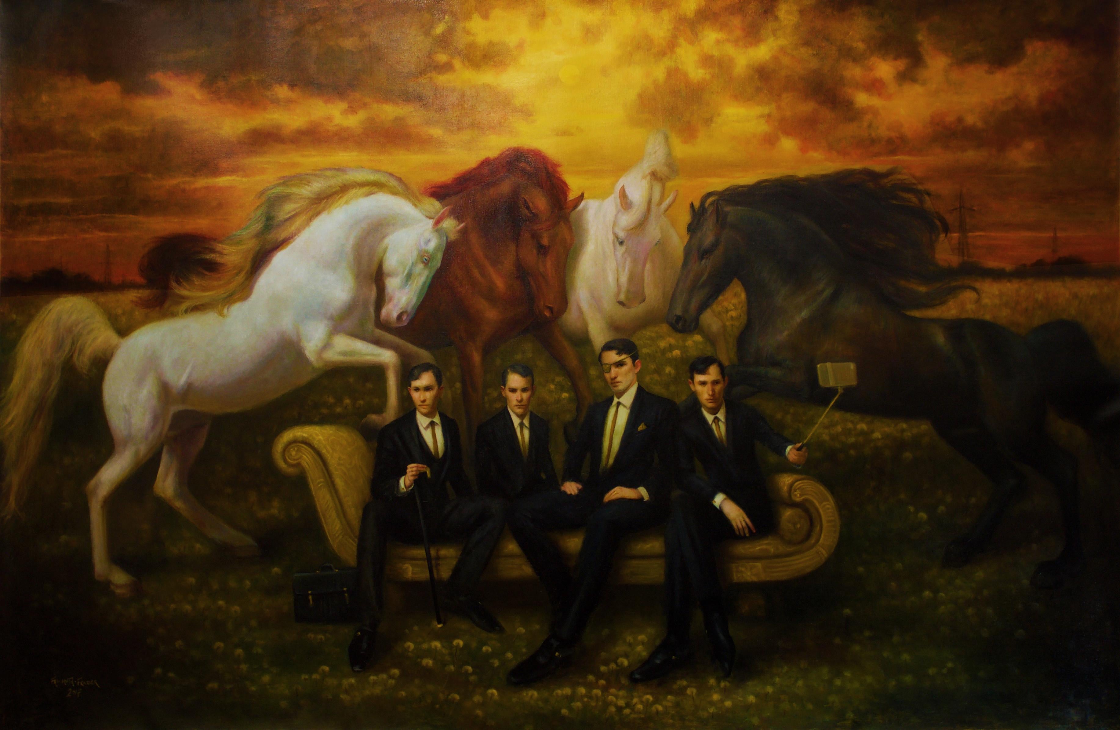 Rose Freymuth-Frazier Animal Painting - Horsemen of the Metropolis - Original Oil Painting Allegory of the Four Horsemen
