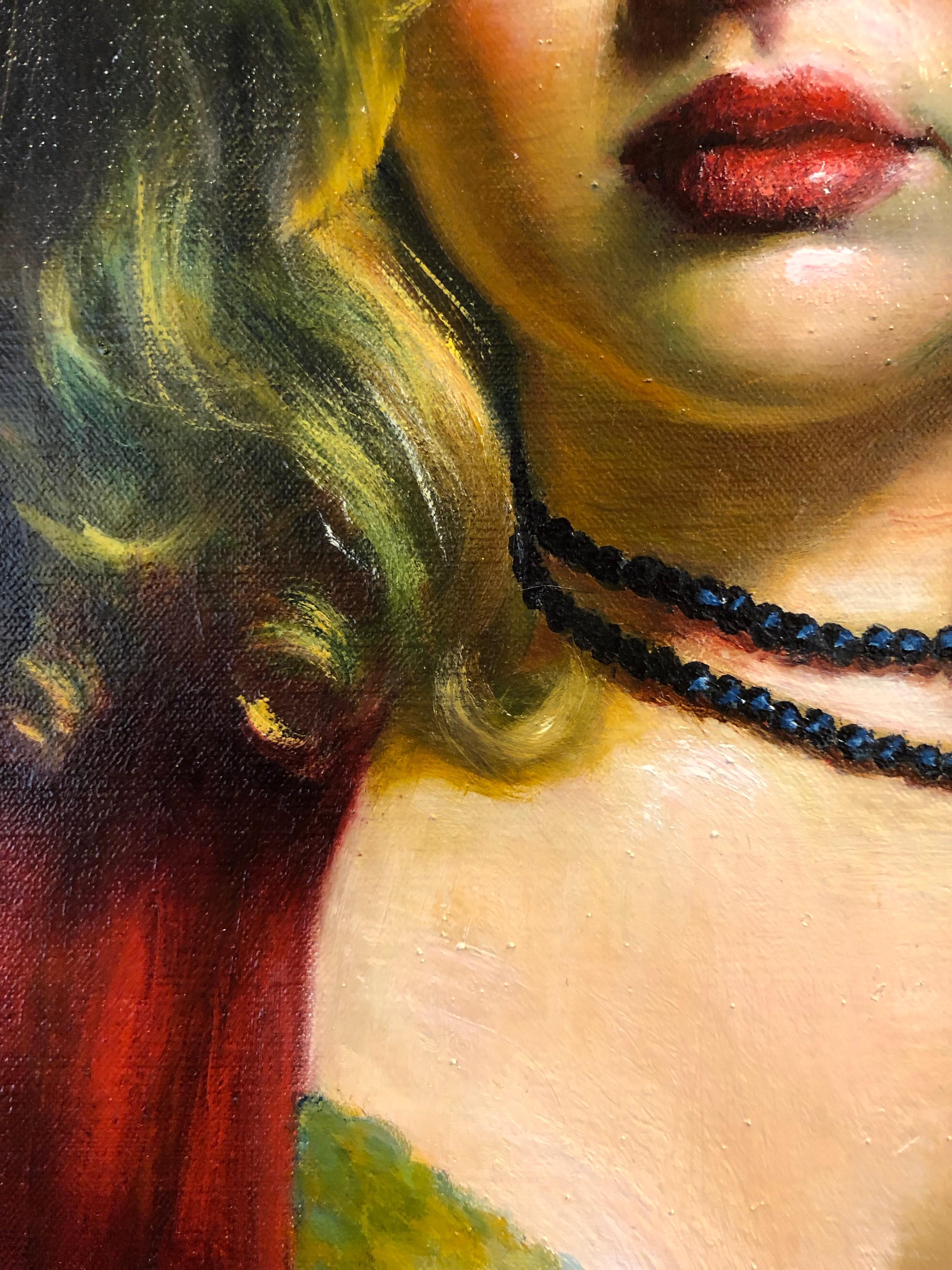 Jessica stares directly out from the painting with a defiant and confident stare.  Her loose fitting red robe is open revealing her gold and black negligee.  Her loose hair and golden curls fall around her neck and highlight the string of black