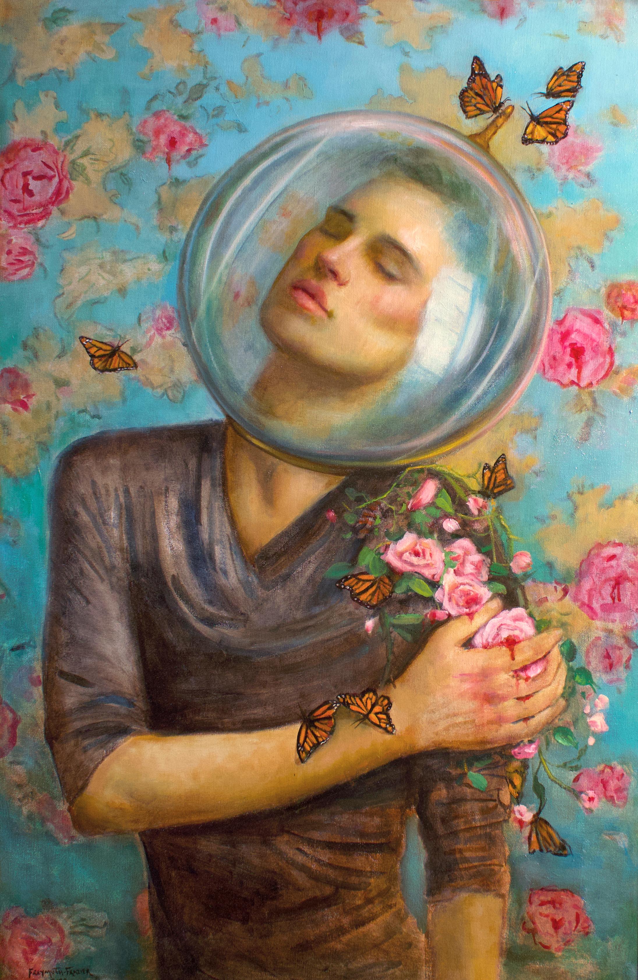 Love Seekers - Young Male Portrait w/Roses and Butterflies, Framed, Oil on Panel