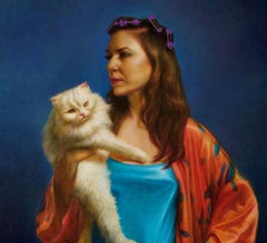 Madonna de mediana edad, Mujer vestida de seda verde azulado y roja sosteniendo un gato persa, Pintura al óleo