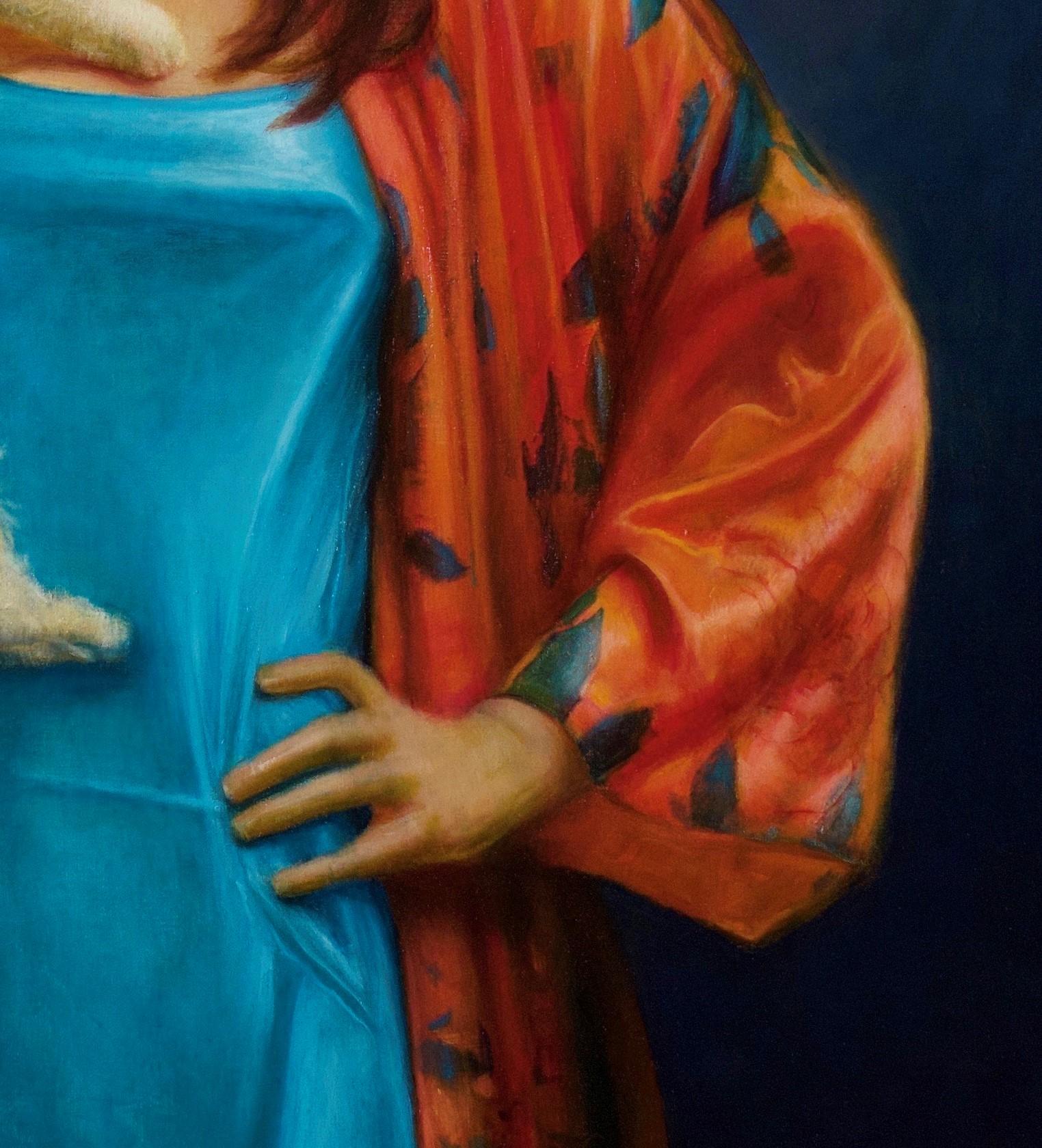 Midlife Madonna, Female in Teal and Red Silk Holding a Persian Cat, Oil Painting - Blue Figurative Painting by Rose Freymuth-Frazier