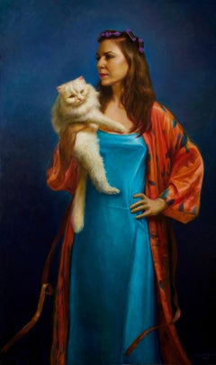 Madonna de la Midlife, Femme en soie sarcelle et rouge tenant un chat persan, peinture à l'huile