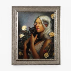 Night Vision - Platinum Blond Woman, Black Cat, Roses, Butterflies, Oil Painting