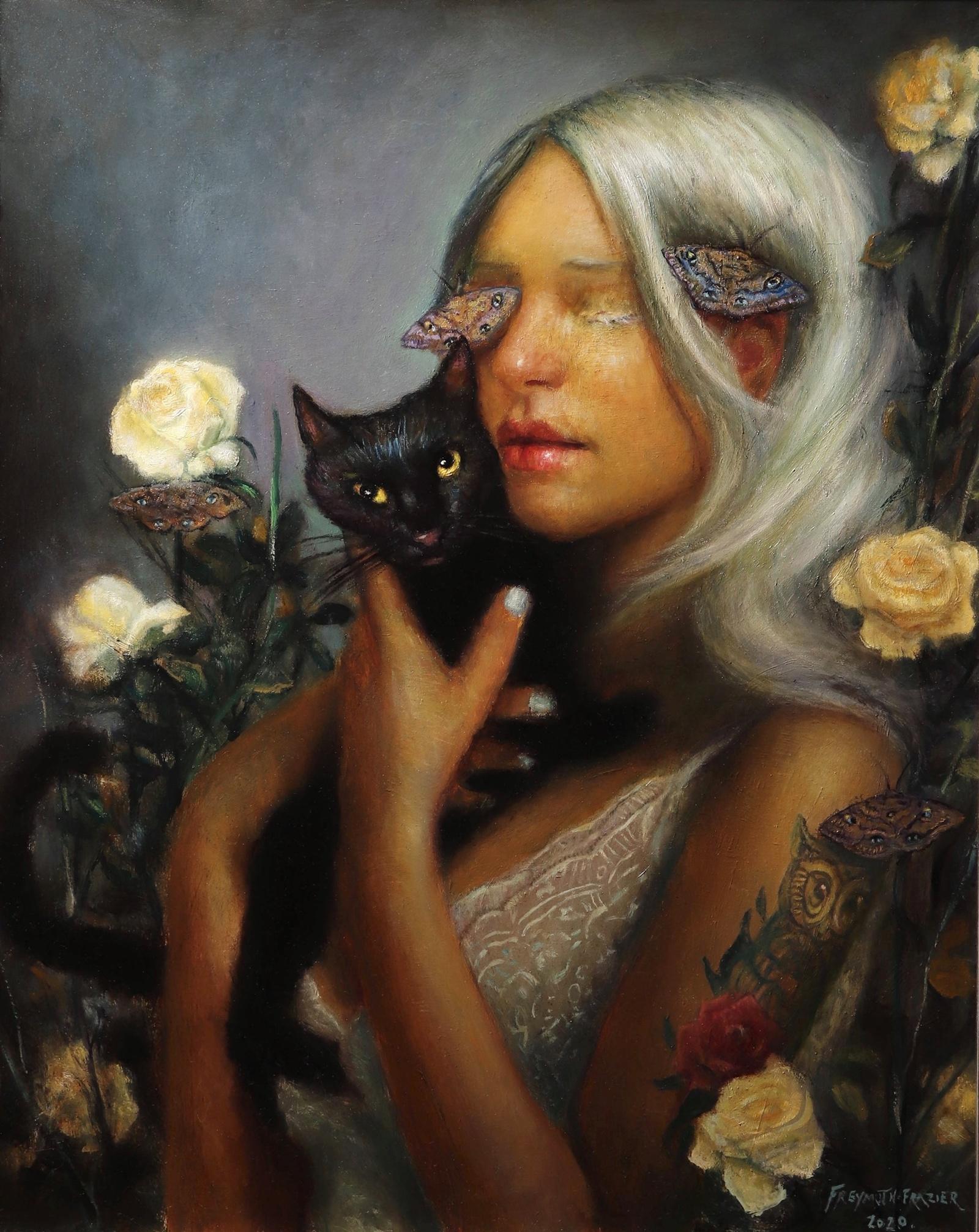 Rose Freymuth-Frazier Figurative Painting - Night Vision - Platinum Blond Woman, Black Cat, Roses, Butterflies, Oil Painting
