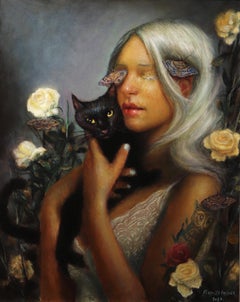 Night Vision - Platinum Blond Woman, Black Cat, Roses, Butterflies, Oil Painting