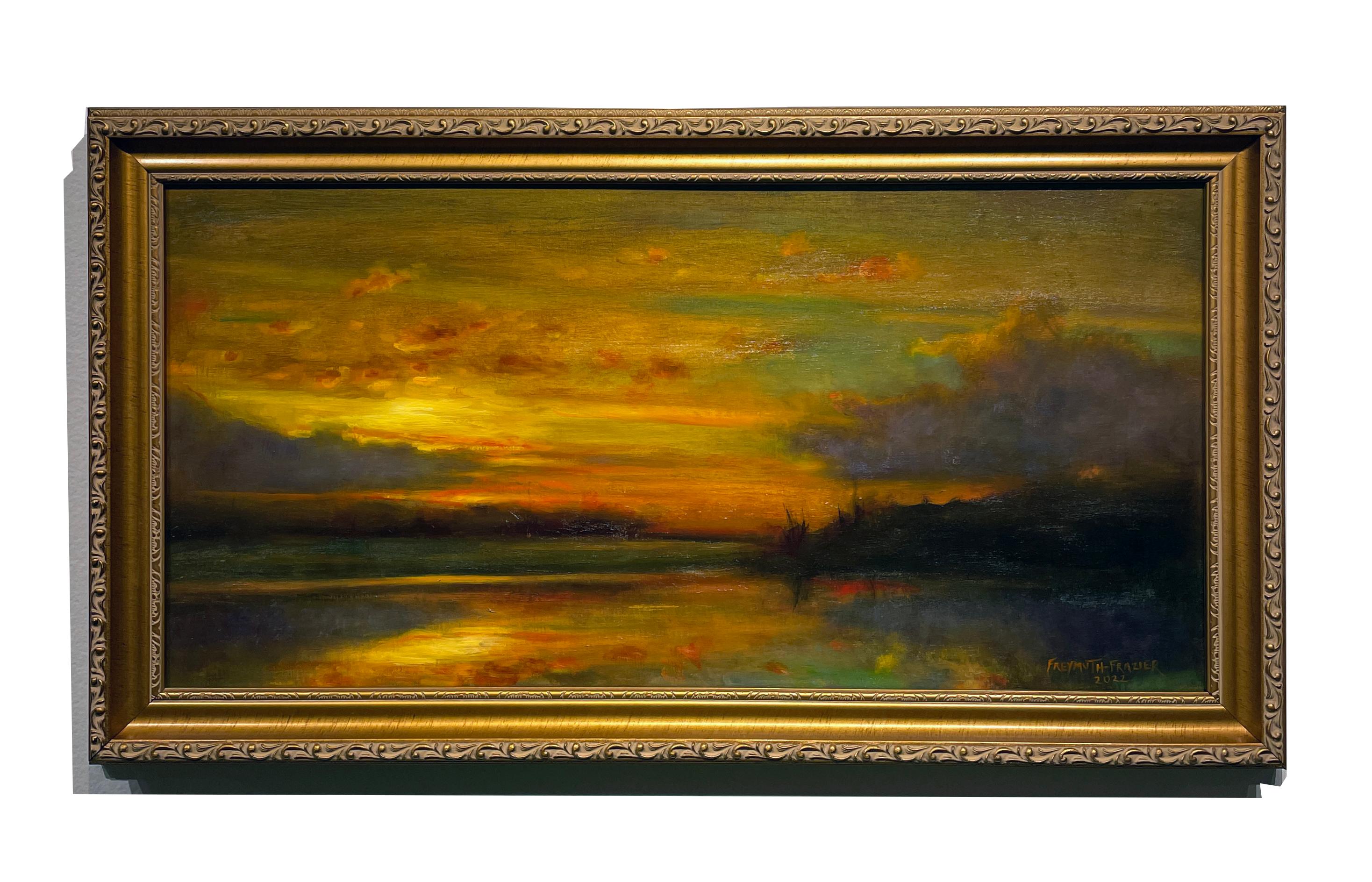 L'histoire de l'origine - Peinture à l'huile originale avec un soleil couchant des couleurs romantiques - Painting de Rose Freymuth-Frazier