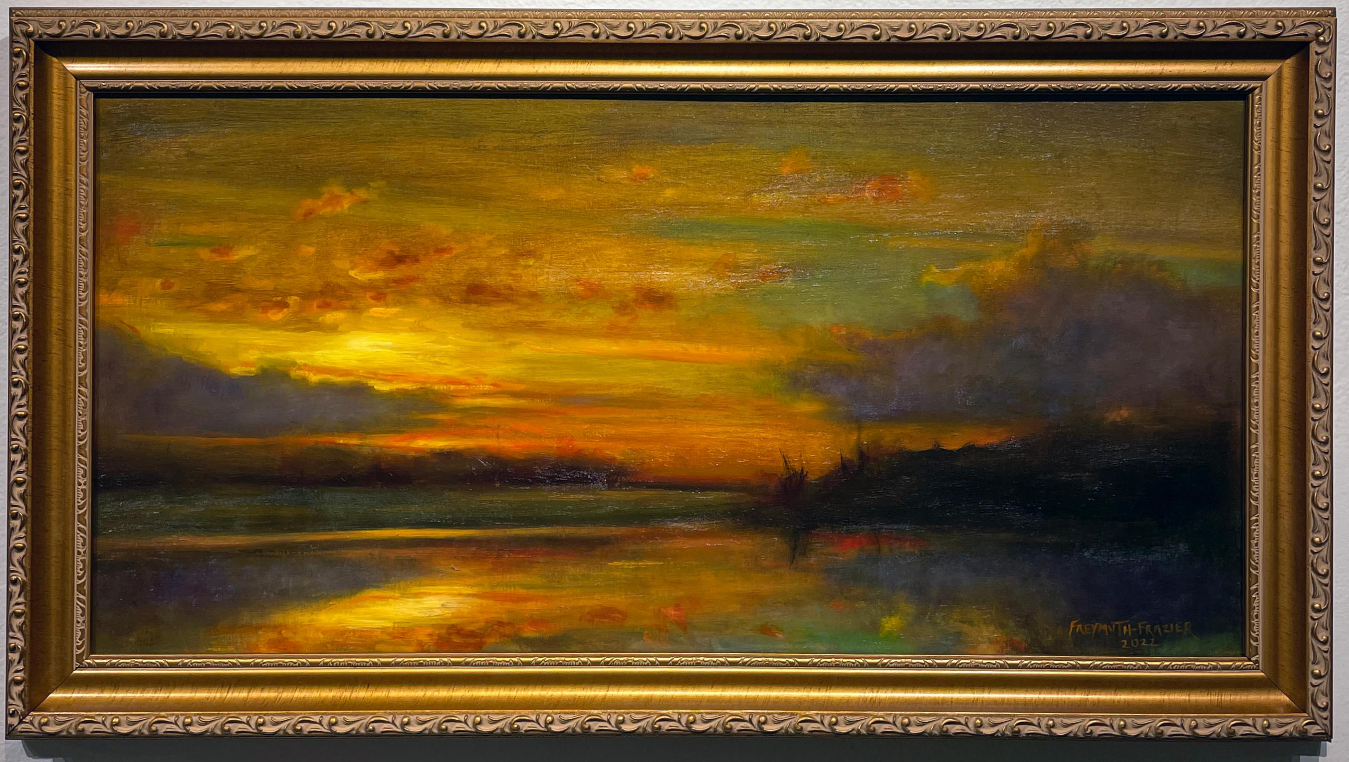 L'histoire de l'origine - Peinture à l'huile originale avec un soleil couchant des couleurs romantiques - Contemporain Painting par Rose Freymuth-Frazier