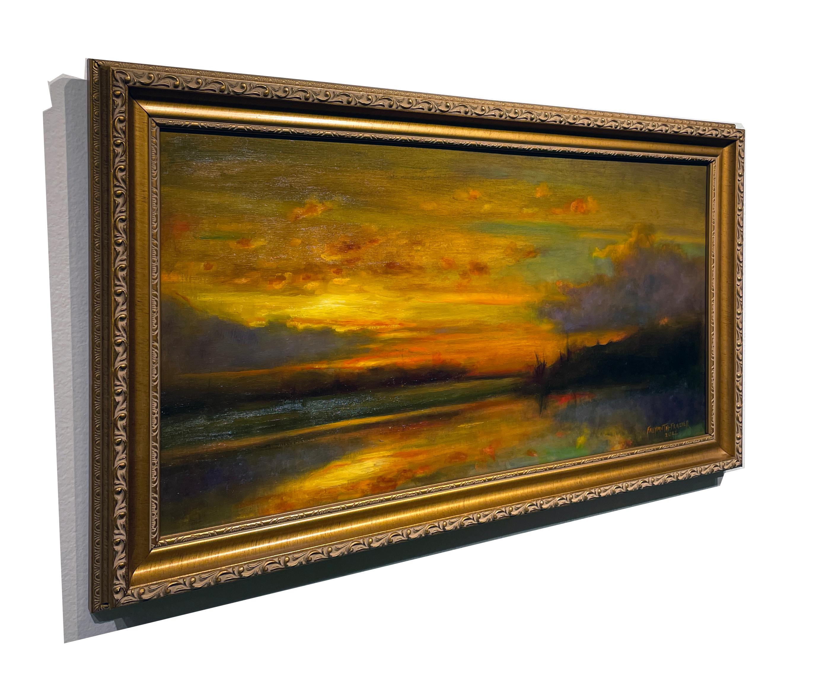 L'histoire de l'origine - Peinture à l'huile originale avec un soleil couchant des couleurs romantiques - Marron Landscape Painting par Rose Freymuth-Frazier