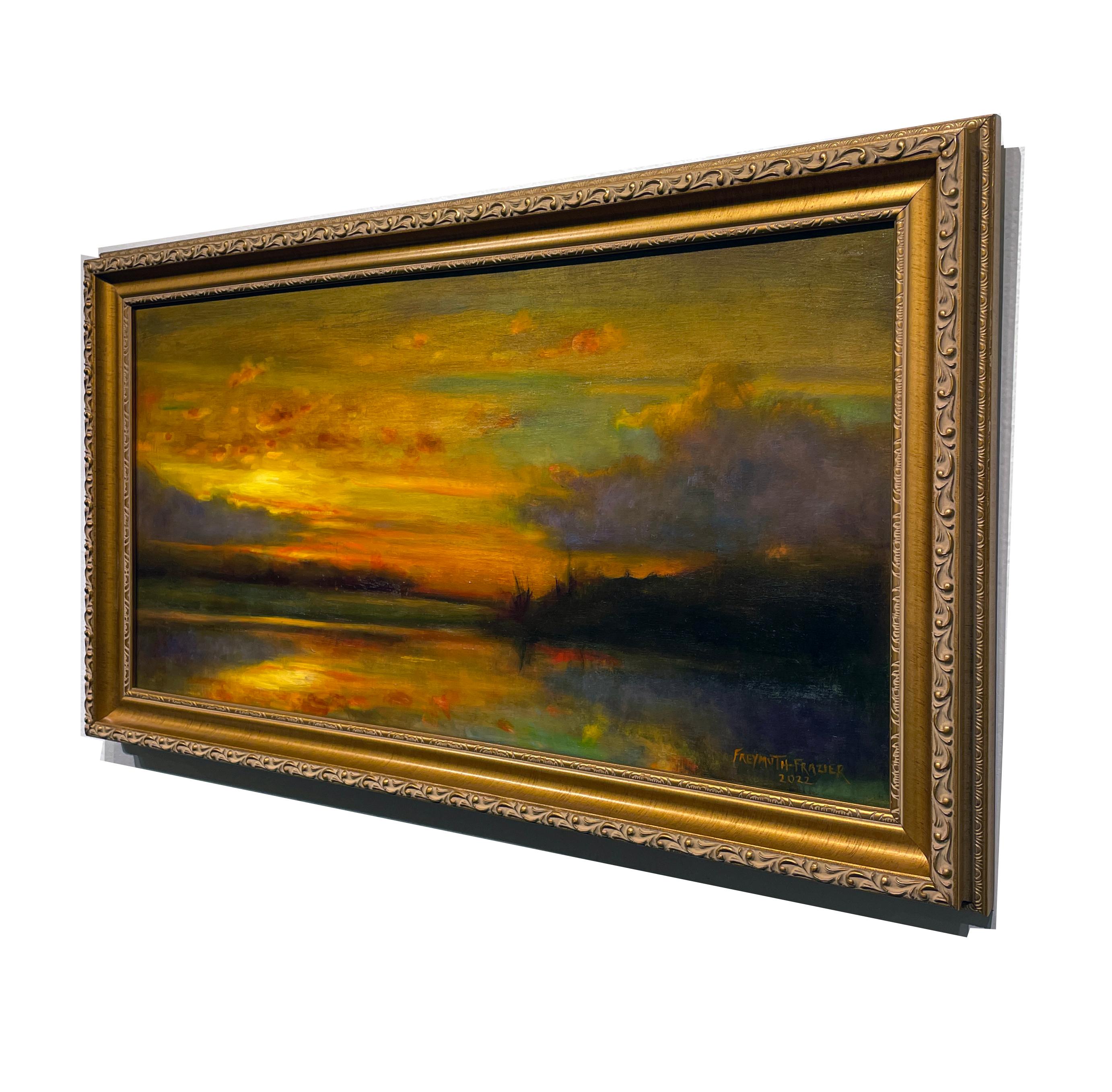 Origin Story - Original Oil Painting w/ Setting Sun Reflecting Romantic Colors - Brown Landscape Painting by Rose Freymuth-Frazier