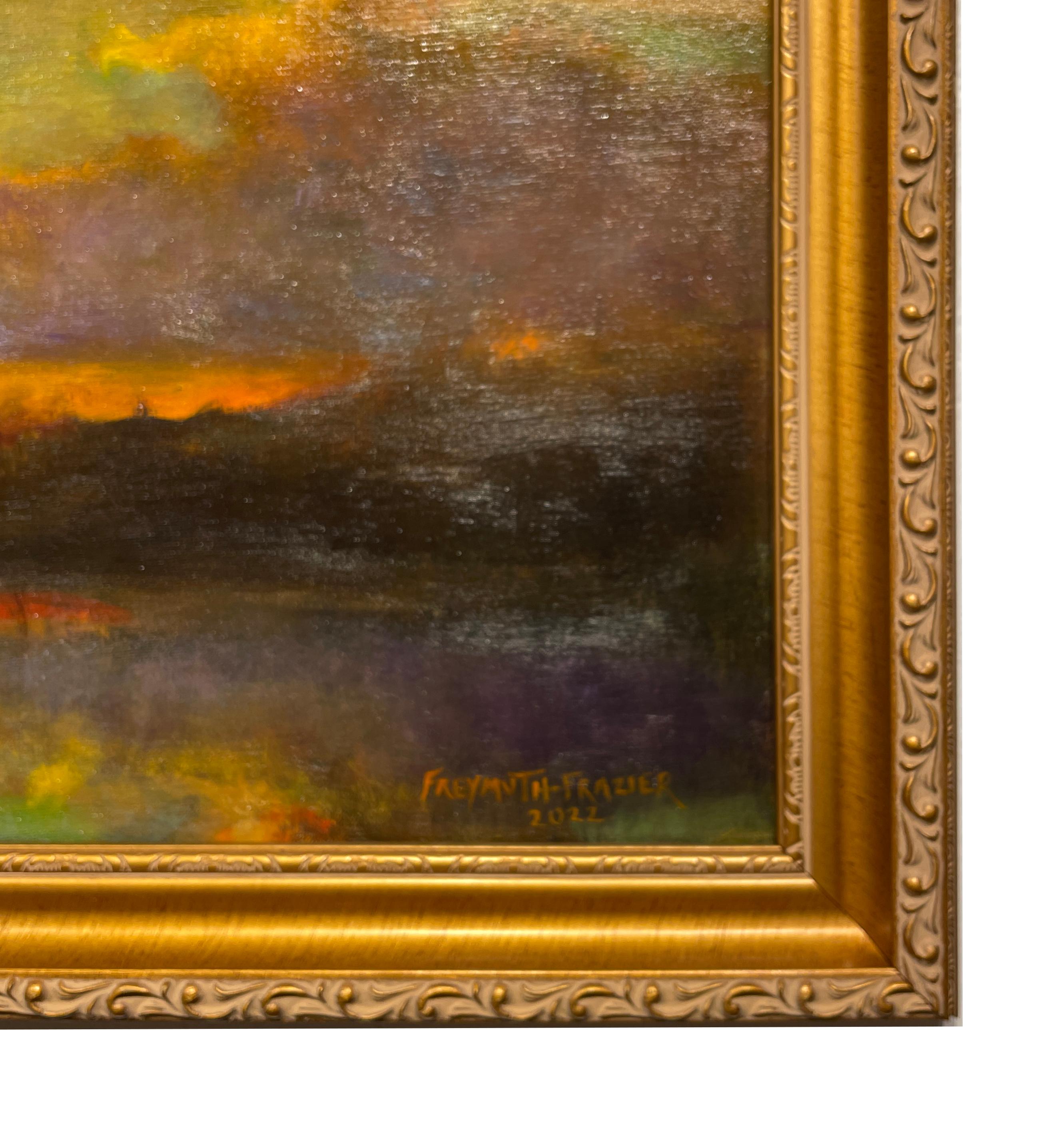L'histoire de l'origine - Peinture à l'huile originale avec un soleil couchant des couleurs romantiques en vente 1