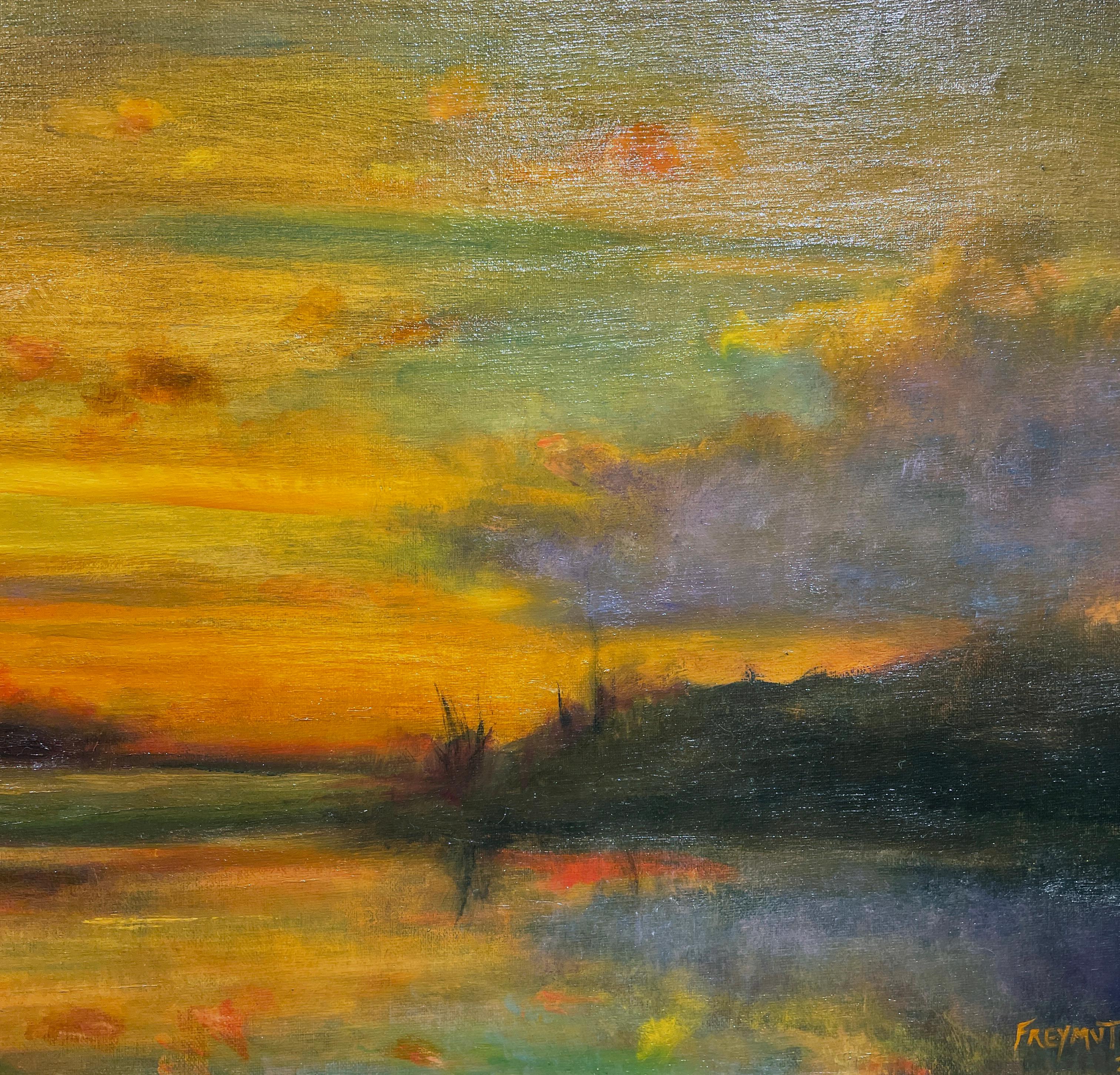 Origin Story - Original Oil Painting w/ Setting Sun Reflecting Romantic Colors For Sale 1