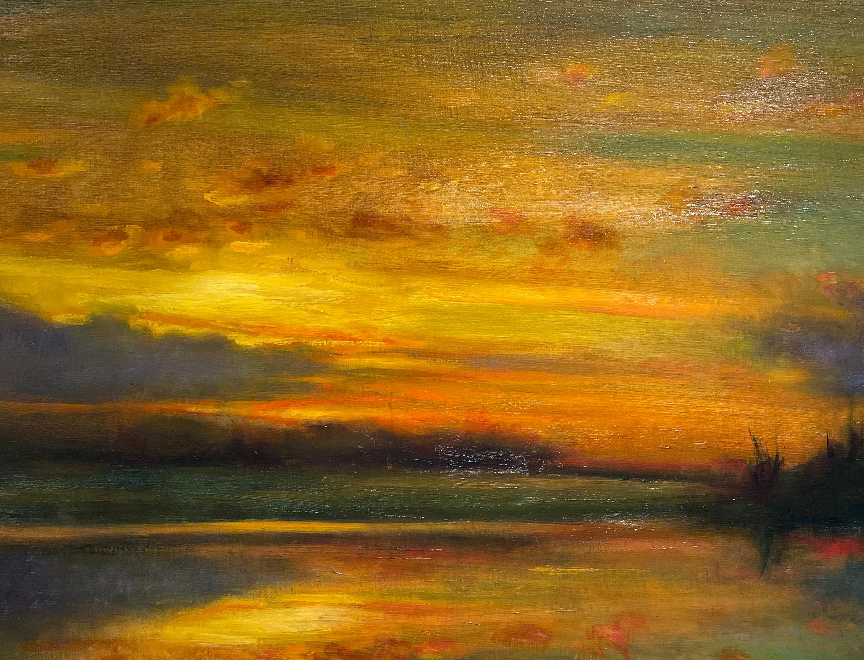 Origin Story - Original Oil Painting w/ Setting Sun Reflecting Romantic Colors For Sale 2