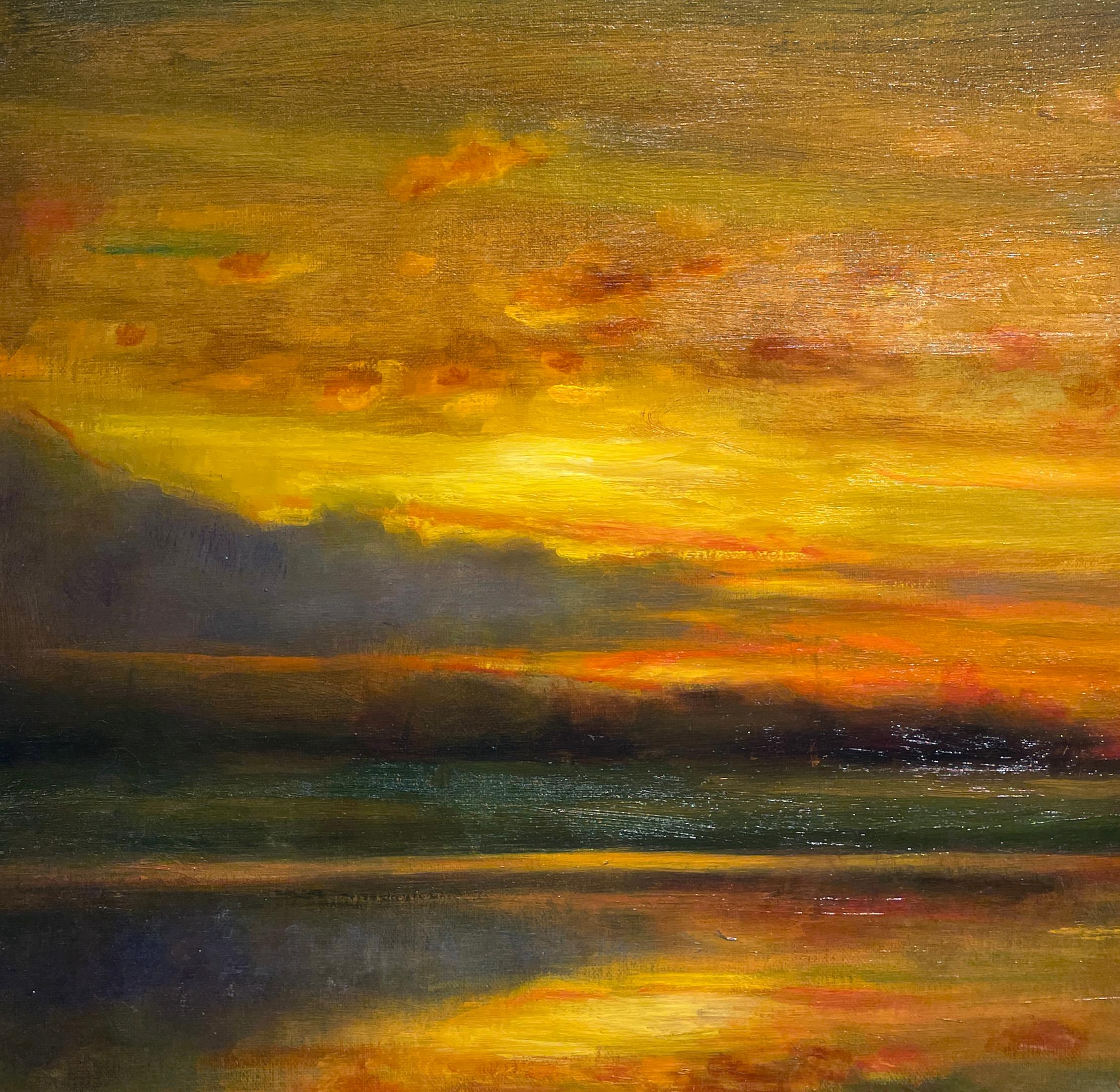 Origin Story - Original Oil Painting w/ Setting Sun Reflecting Romantic Colors For Sale 3
