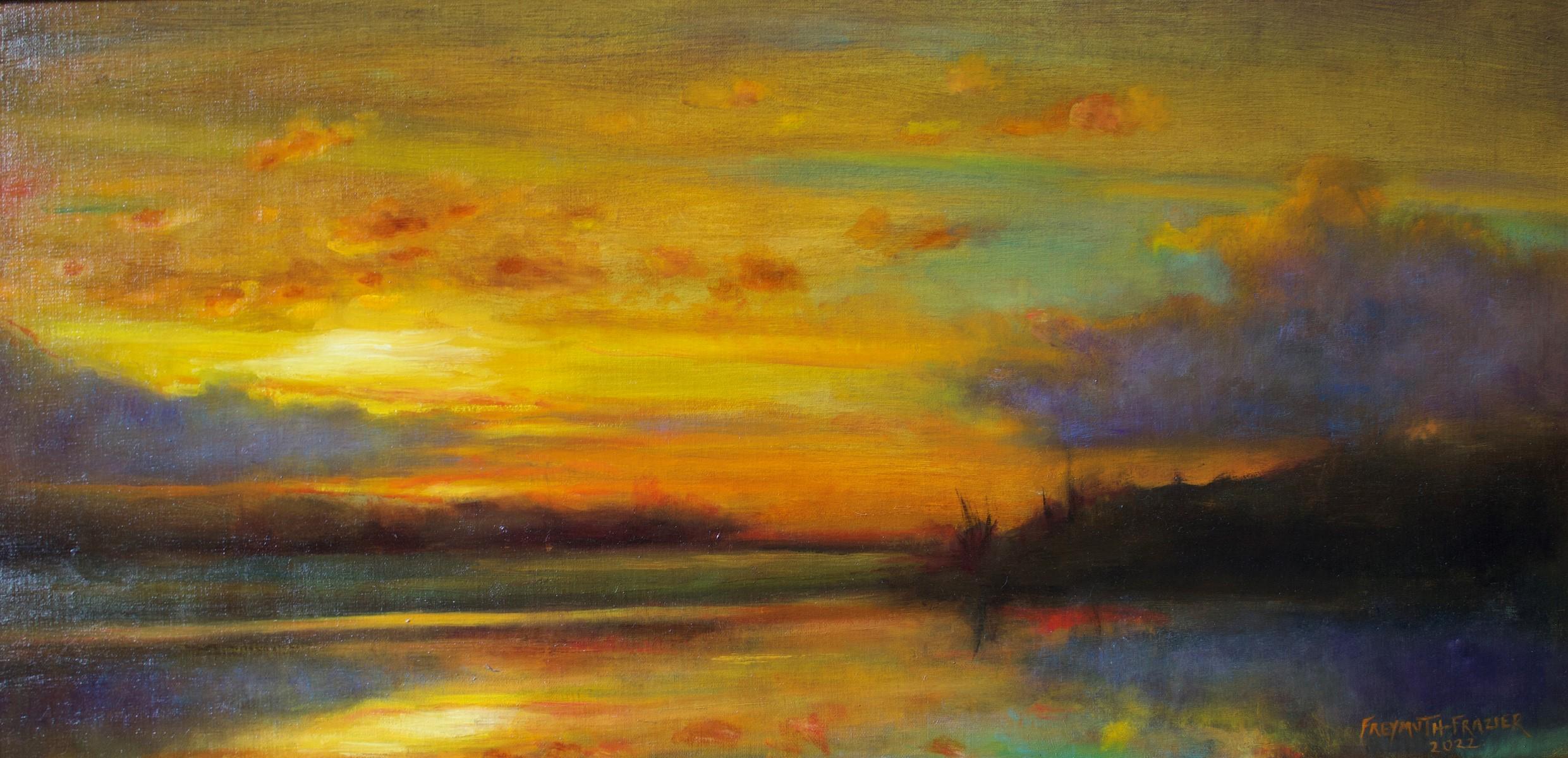 Rose Freymuth-Frazier Landscape Painting - Origin Story - Original Oil Painting w/ Setting Sun Reflecting Romantic Colors