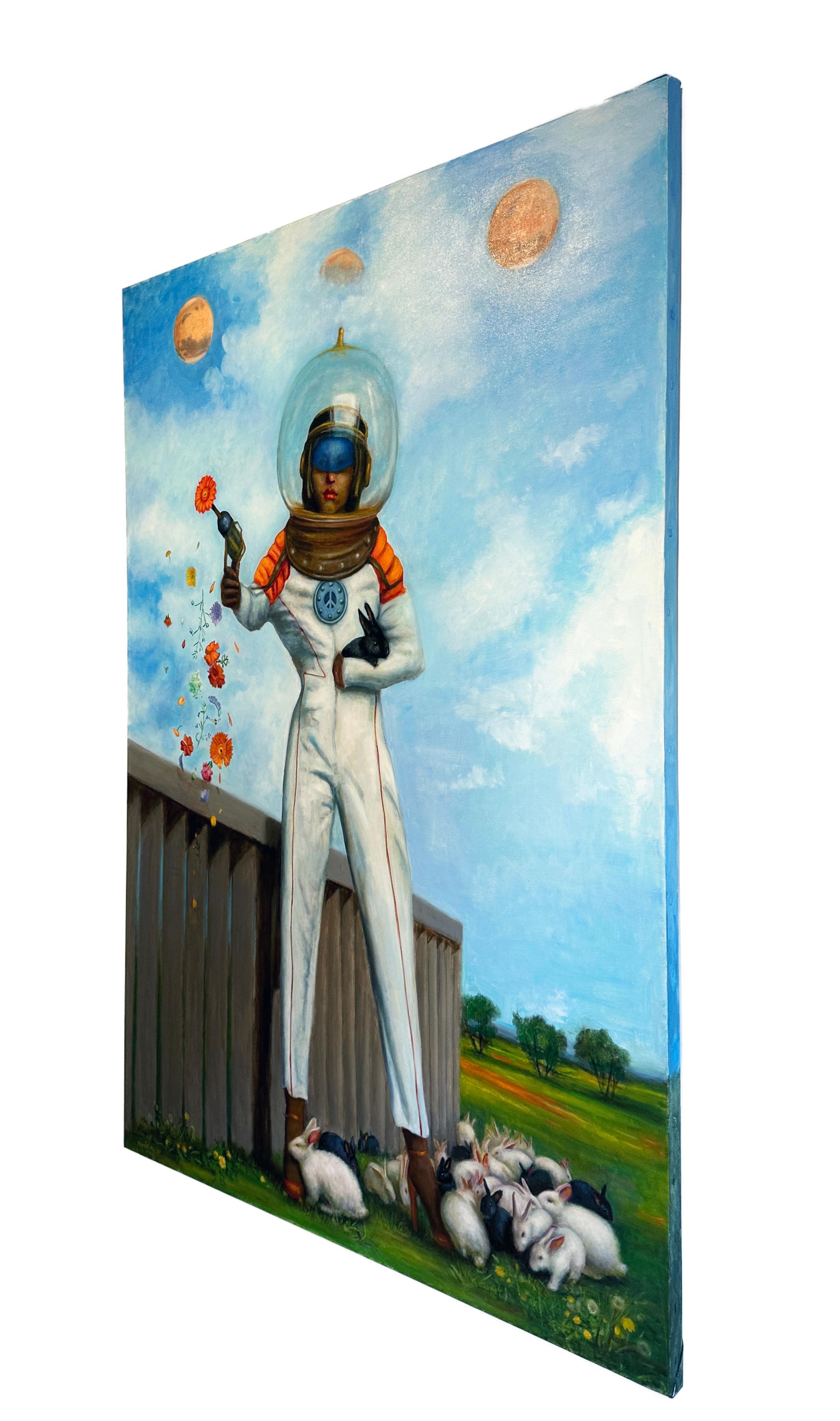 Peace Cadet - Large Scale Portrait of Woman in Space Suit Surrounded by Bunnies - Painting by Rose Freymuth-Frazier