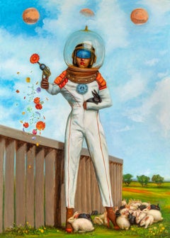 Peace Cadet - Large Scale Portrait of Woman in Space Suit Surrounded by Bunnies
