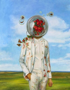 Pollinators - Two Figures in Flower Suits, Surrounded by Butterflies, Bright Sky