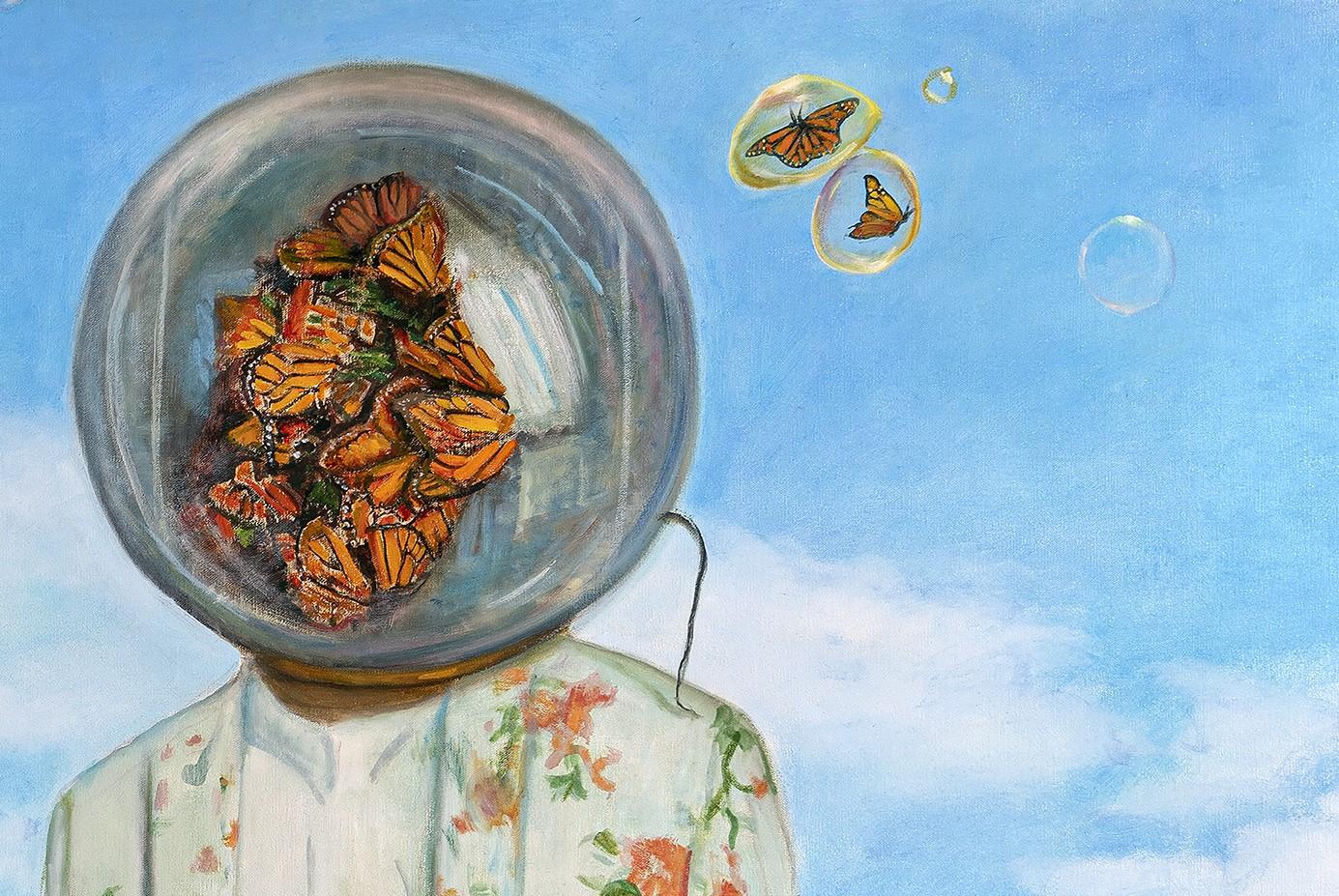 Pollinators - Two Figures in Flower Suits, Surrounded by Butterflies, Bright Sky - Contemporary Painting by Rose Freymuth-Frazier