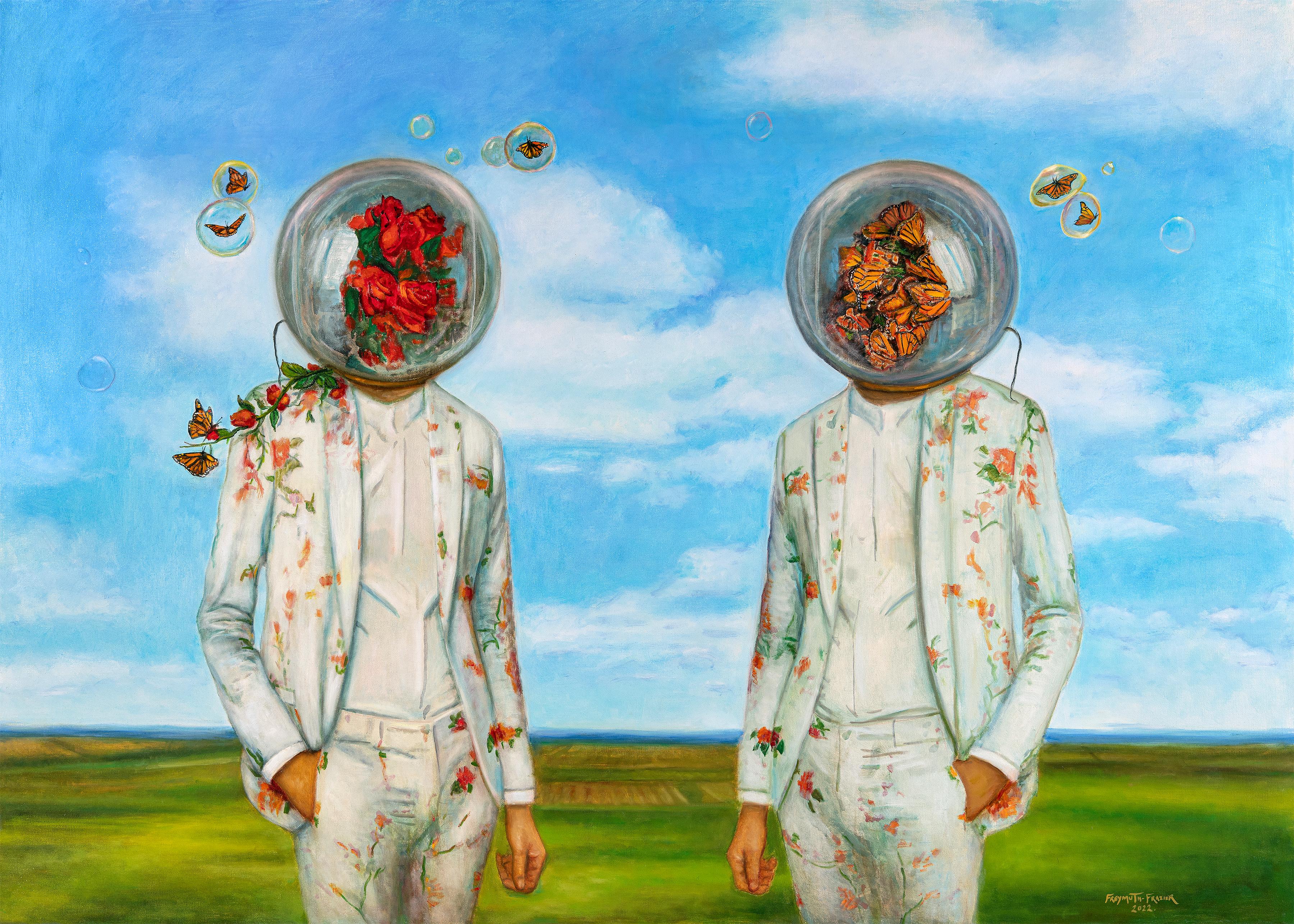 Pollinatoren – zwei Figuren in Blumenanzügen, umgeben von Schmetterlingen, leuchtender Himmel