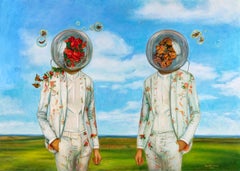 Pollinators - Two Figures in Flower Suits, Surrounded by Butterflies, Bright Sky