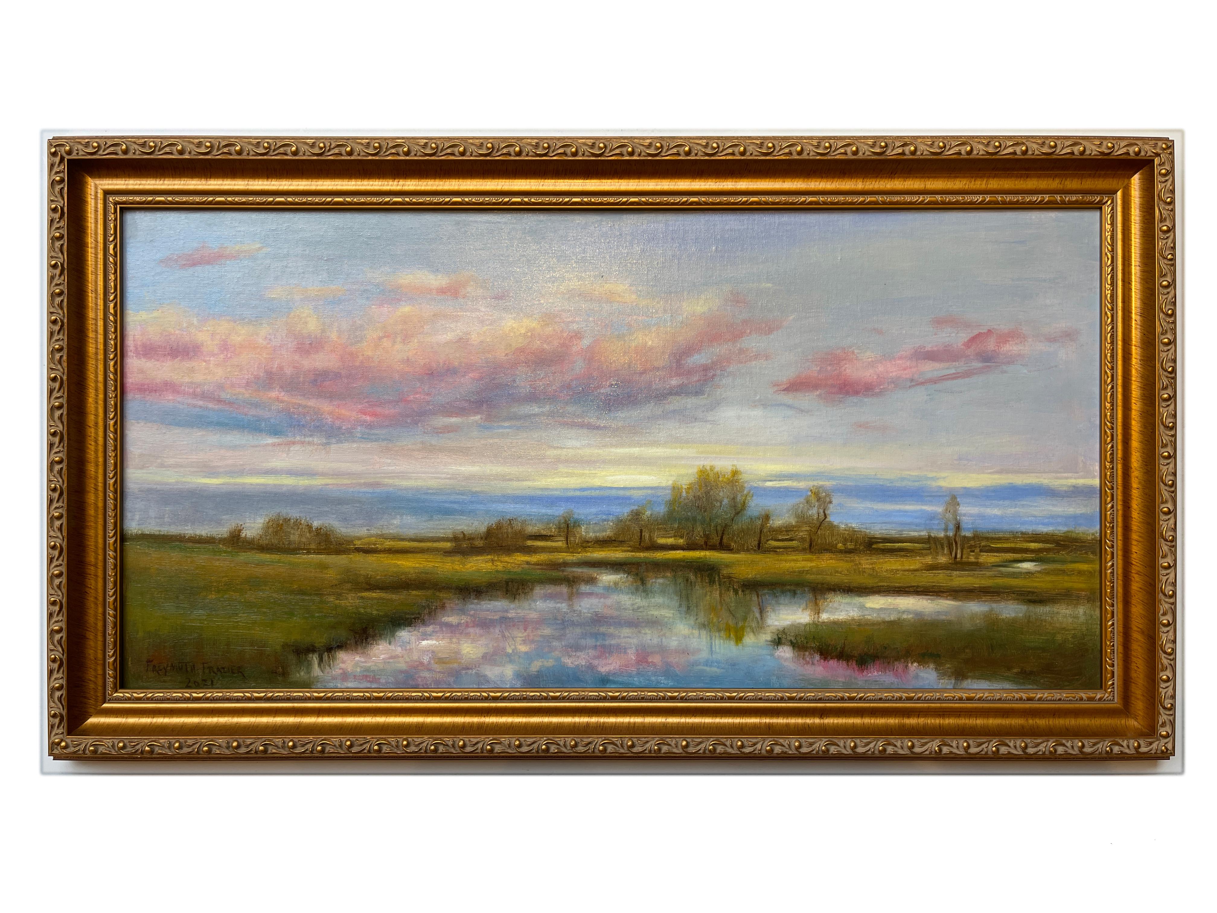 Promise of Spring, Reflective Sky in Pink, Blue, and Gold Tones, Original Oil  - Painting by Rose Freymuth-Frazier