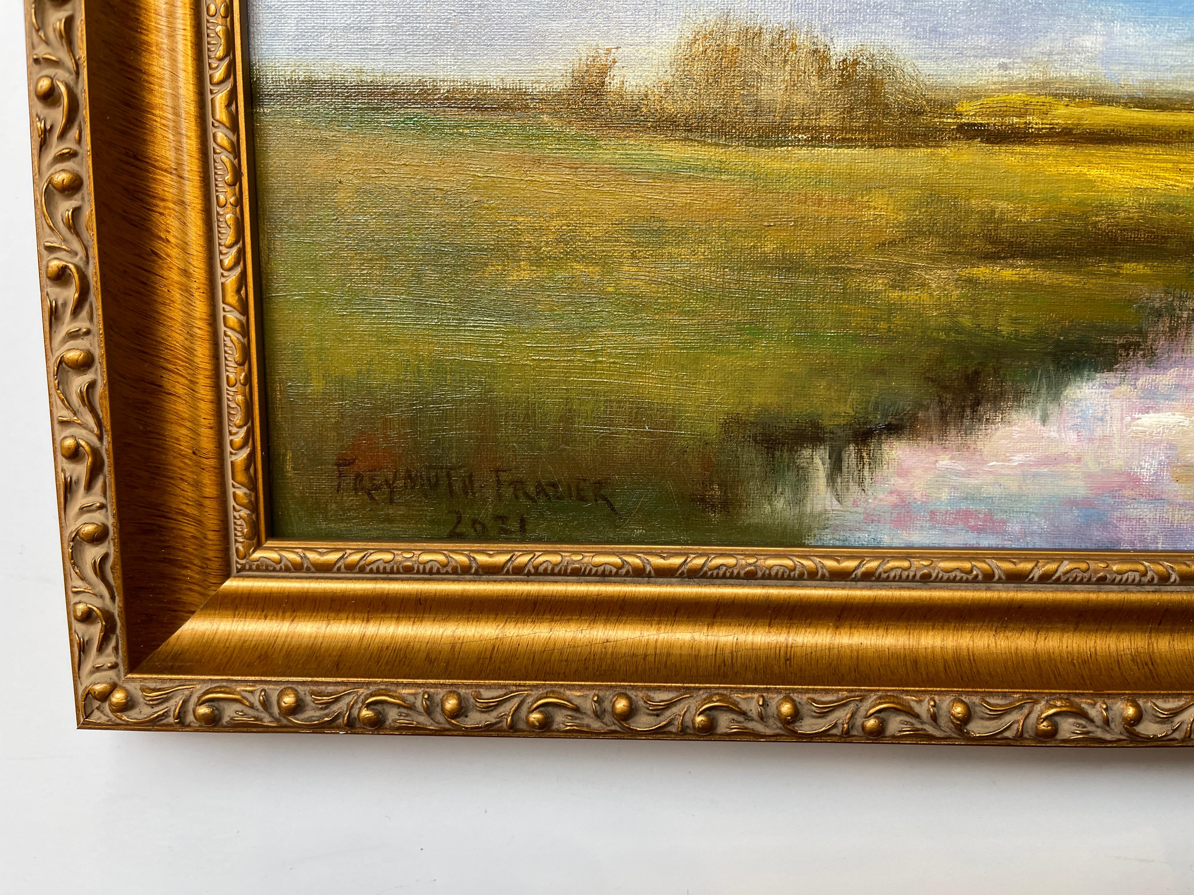 Promise of Spring, Reflective Sky in Pink, Blue, and Gold Tones, Original Oil - Contemporary Painting by Rose Freymuth-Frazier