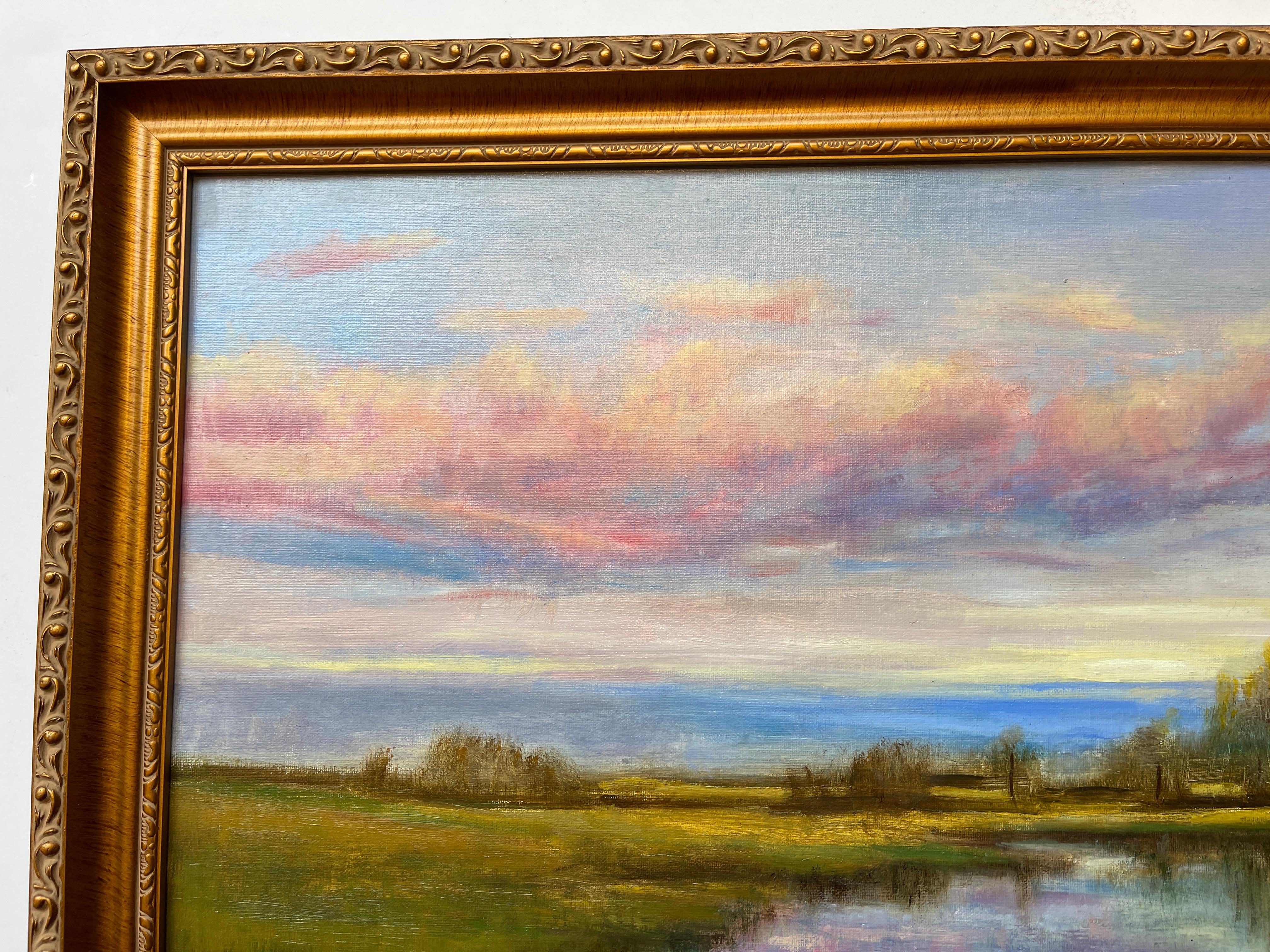 Promise of Spring, Reflective Sky in Pink, Blue, and Gold Tones, Original Oil - Gray Landscape Painting by Rose Freymuth-Frazier