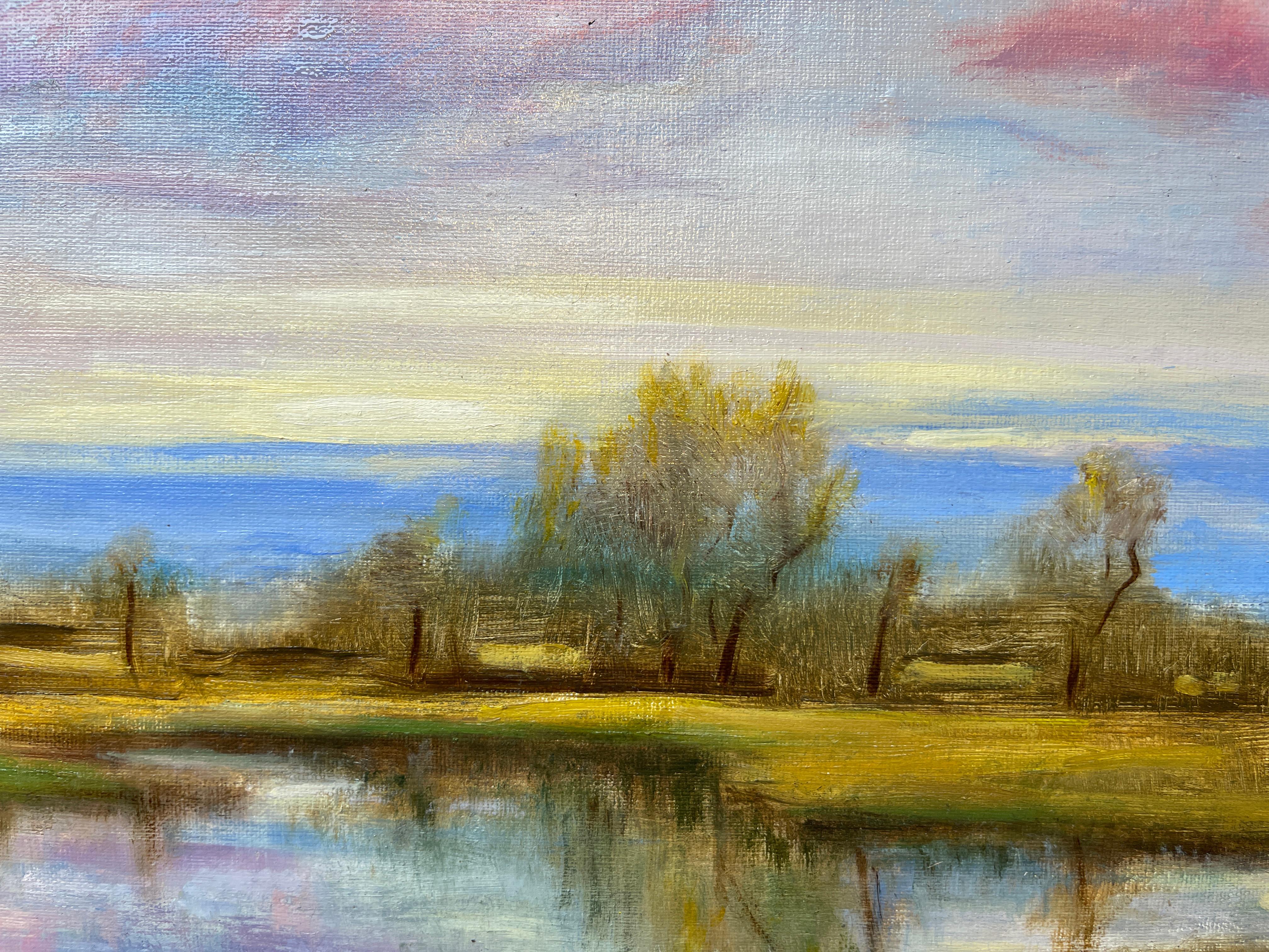 Promise of Spring, Reflective Sky in Pink, Blue, and Gold Tones, Original Oil 1