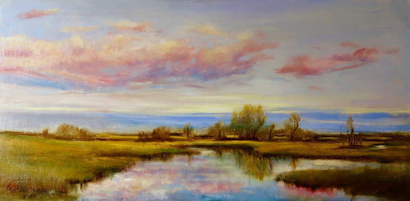 Rose Freymuth-Frazier Landscape Painting - Promise of Spring, Reflective Sky in Pink, Blue, and Gold Tones, Original Oil 