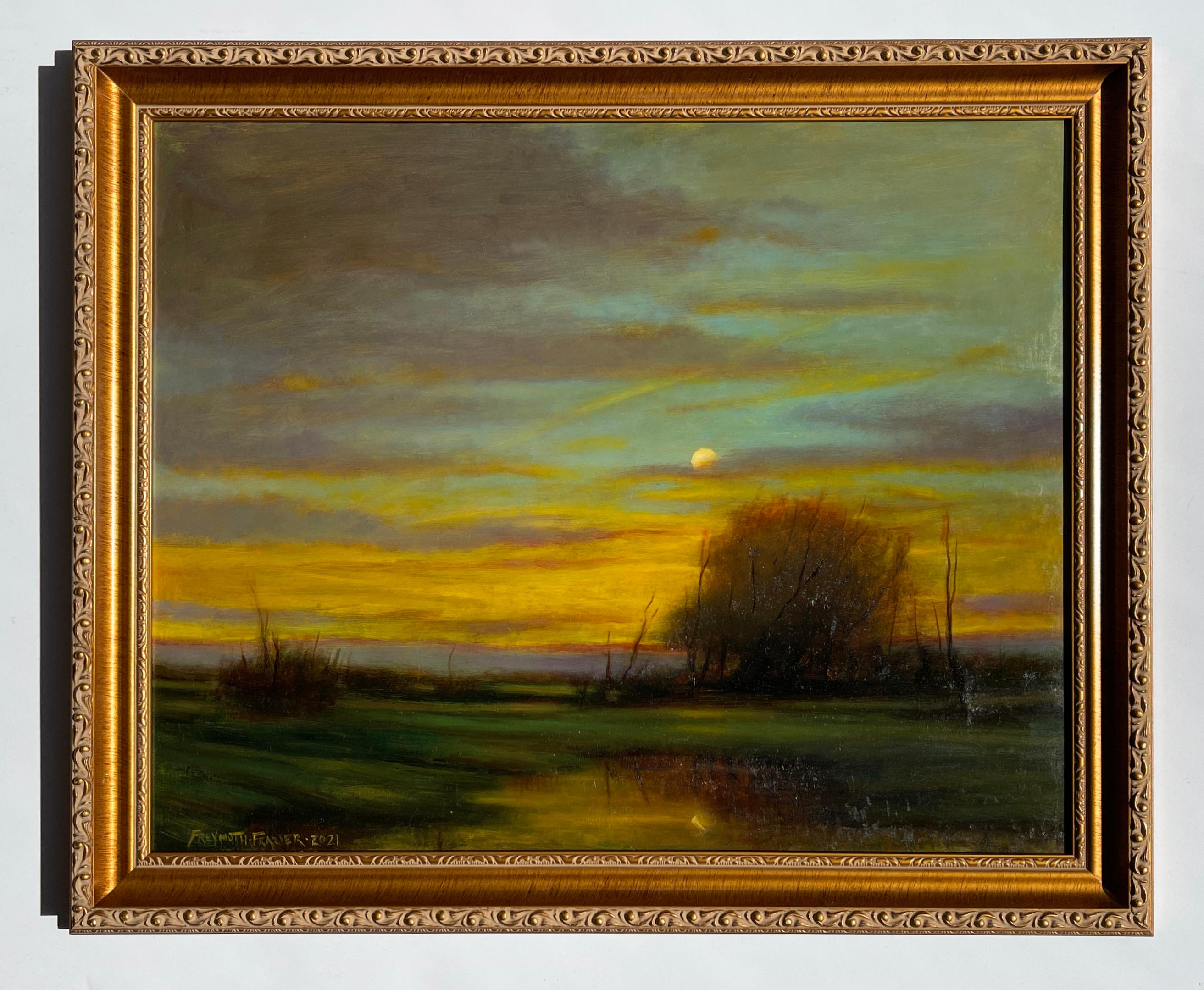 Quiet Evening - Setting Sun and Rising Moon, Reflective and Romantic Colors  - Painting by Rose Freymuth-Frazier